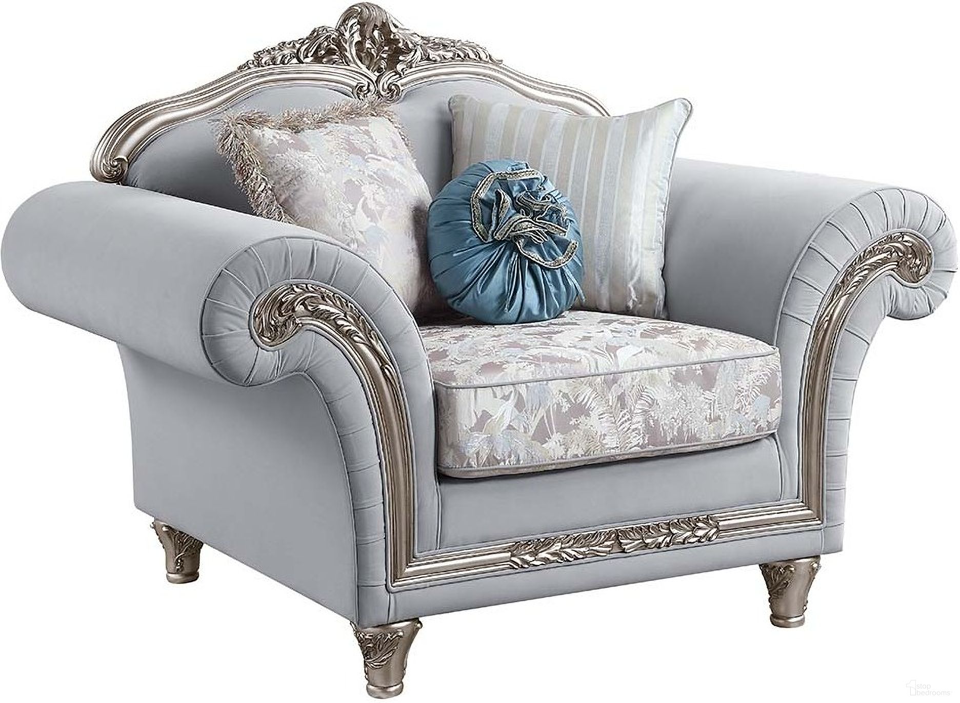 The appearance of Acme Pelumi Chair With 3 Pillows designed by ACME in the transitional interior design. This light gray piece of furniture  was selected by 1StopBedrooms from Pelumi Collection to add a touch of cosiness and style into your home. Sku: LV01114. Material: Wood.