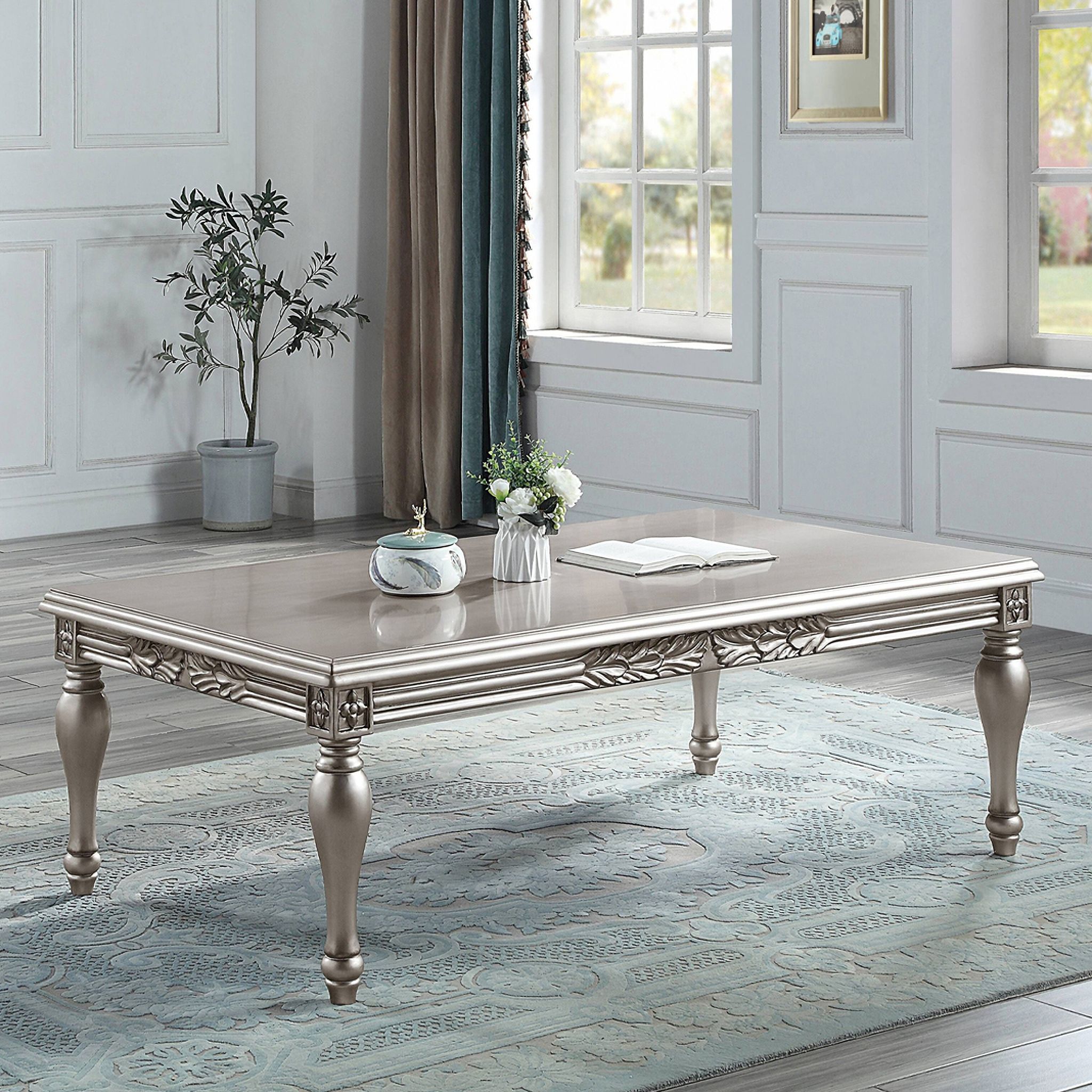The appearance of Acme Pelumi Coffee Table designed by ACME in the transitional interior design. This platinum piece of furniture  was selected by 1StopBedrooms from Pelumi Collection to add a touch of cosiness and style into your home. Sku: LV01115. Material: Wood.
