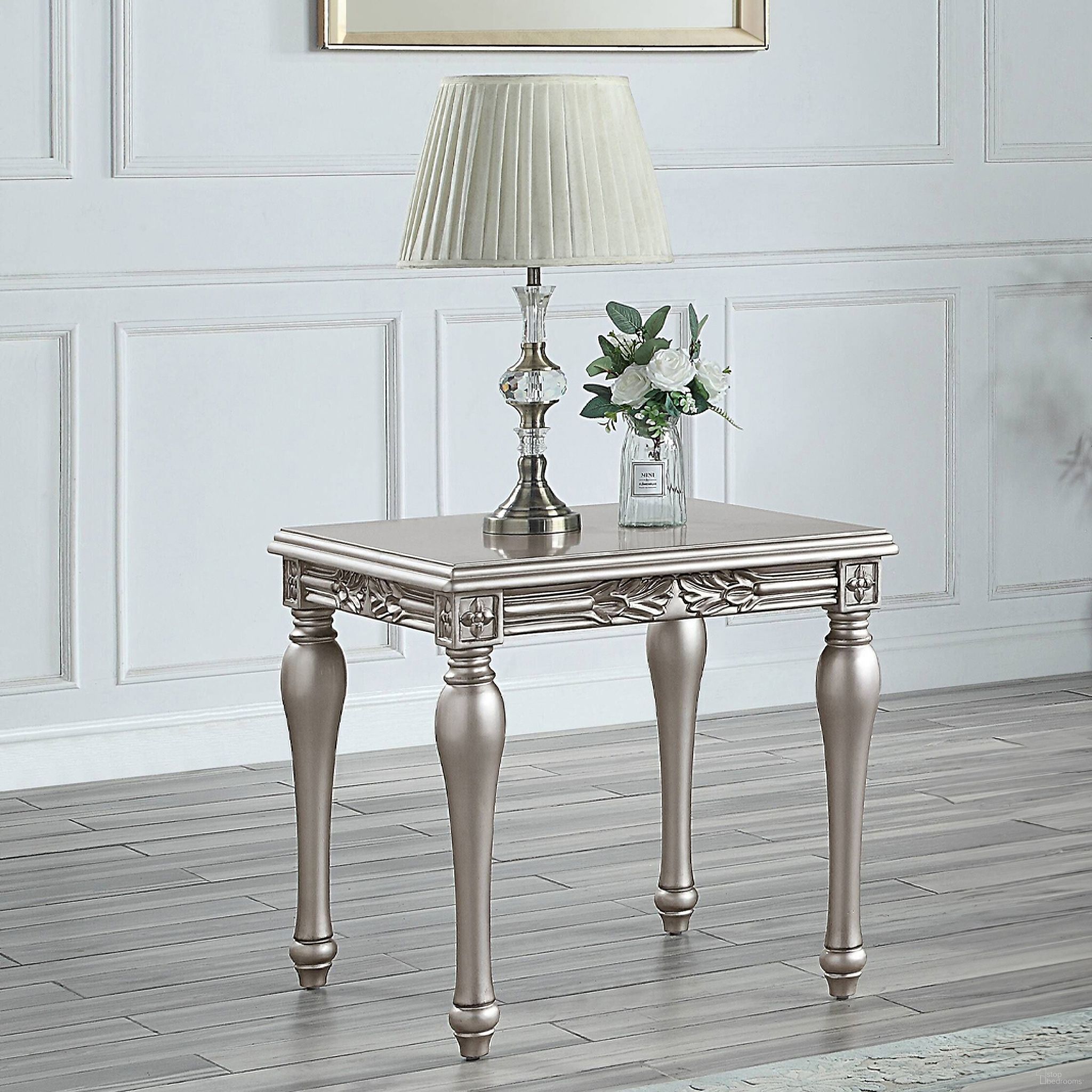 The appearance of Acme Pelumi End Table designed by ACME in the transitional interior design. This platinum piece of furniture  was selected by 1StopBedrooms from Pelumi Collection to add a touch of cosiness and style into your home. Sku: LV01116. Material: Wood.