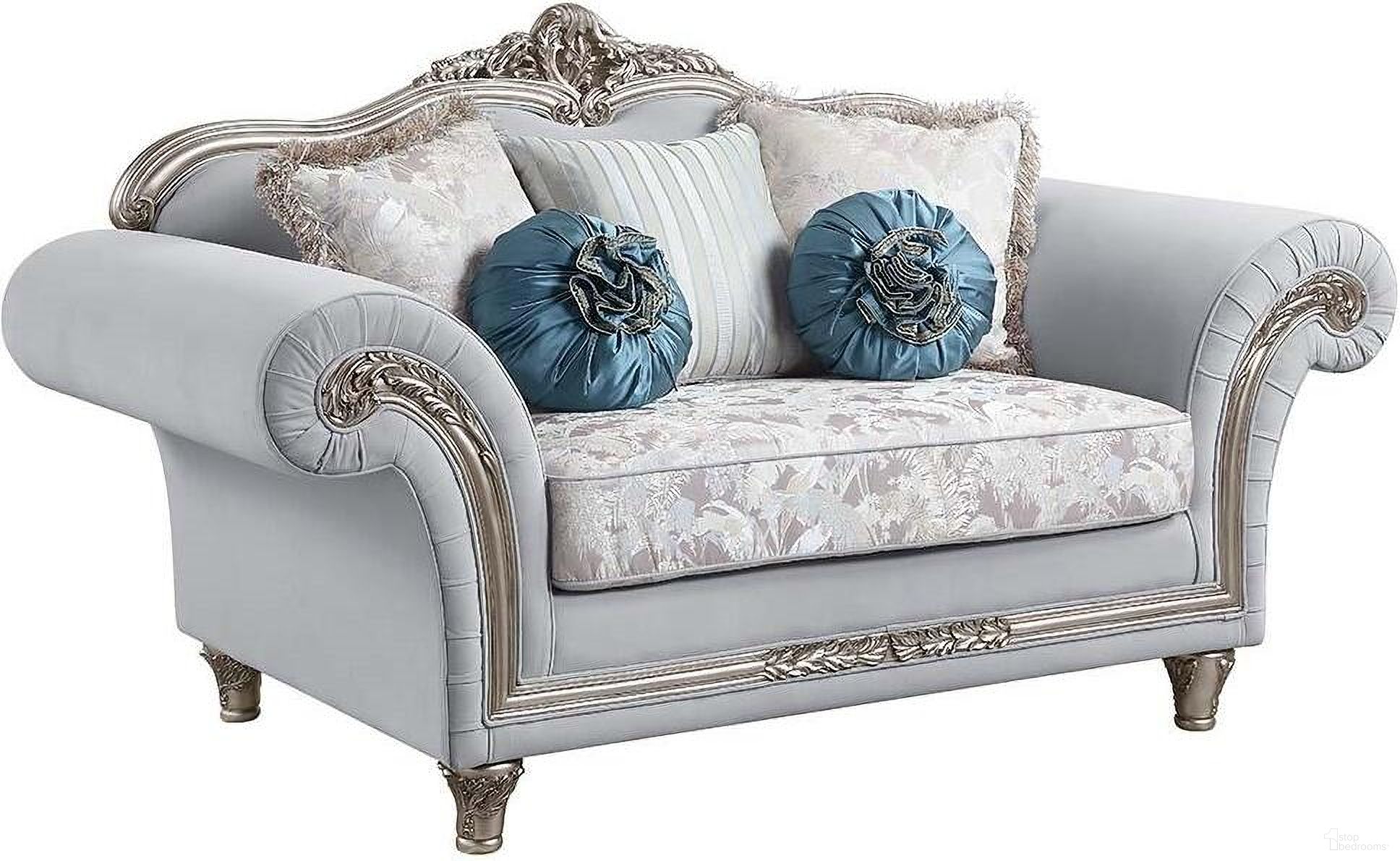 The appearance of Acme Pelumi Loveseat With 5 Pillows designed by ACME in the transitional interior design. This light gray piece of furniture  was selected by 1StopBedrooms from Pelumi Collection to add a touch of cosiness and style into your home. Sku: LV01113. Material: Wood.