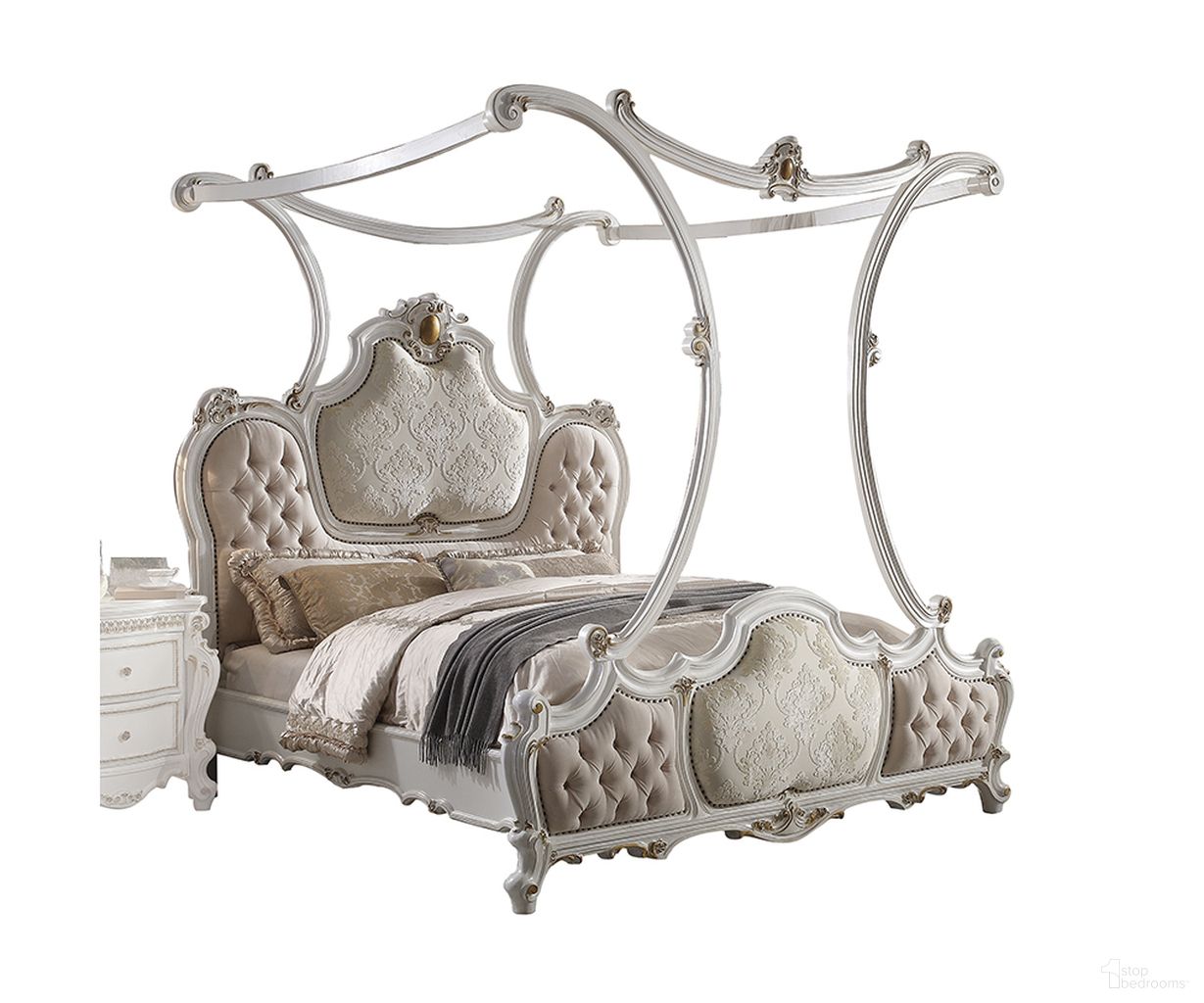 The appearance of Picardy Eastern King Bed In Fabric and Antique Pearl designed by ACME in the transitional interior design. This antique pearl piece of furniture was selected by 1StopBedrooms from Picardy Collection to add a touch of cosiness and style into your home. Sku: 28207EK-HB;28208EK-FB;28209EK-CNPL;28209EK-CNPS;28209EK-R. Bed Type: Canopy Bed. Material: Wood. Bed Size: King.
