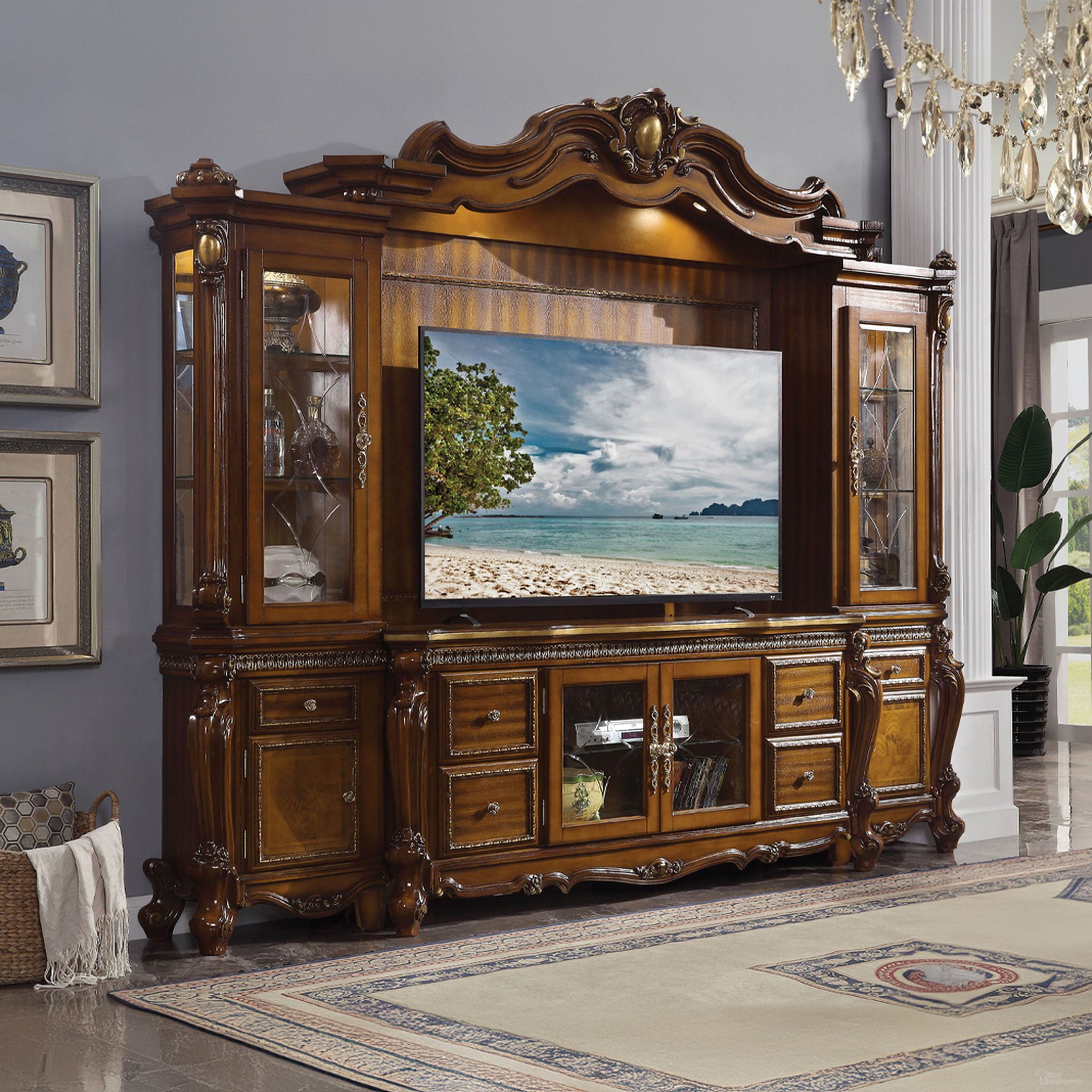 The appearance of Acme Picardy Entertainment Center In Honey Oak designed by ACME in the transitional interior design. This honey oak piece of furniture  was selected by 1StopBedrooms from Picardy Collection to add a touch of cosiness and style into your home. Sku: 91520LP;91521RP;91522BASE;91523PNL;91524BRD. Material: Wood.