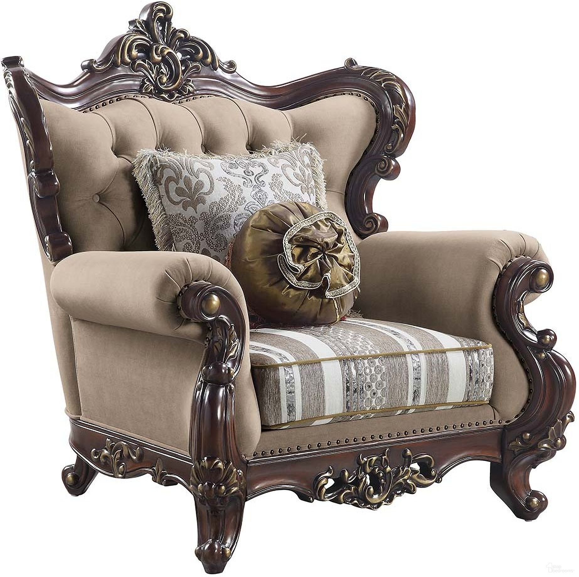 The appearance of Acme Ragnar Chair With 2 Pillows designed by ACME in the transitional interior design. This light brown piece of furniture  was selected by 1StopBedrooms from Ragnar Collection to add a touch of cosiness and style into your home. Sku: LV01124. Material: Wood.