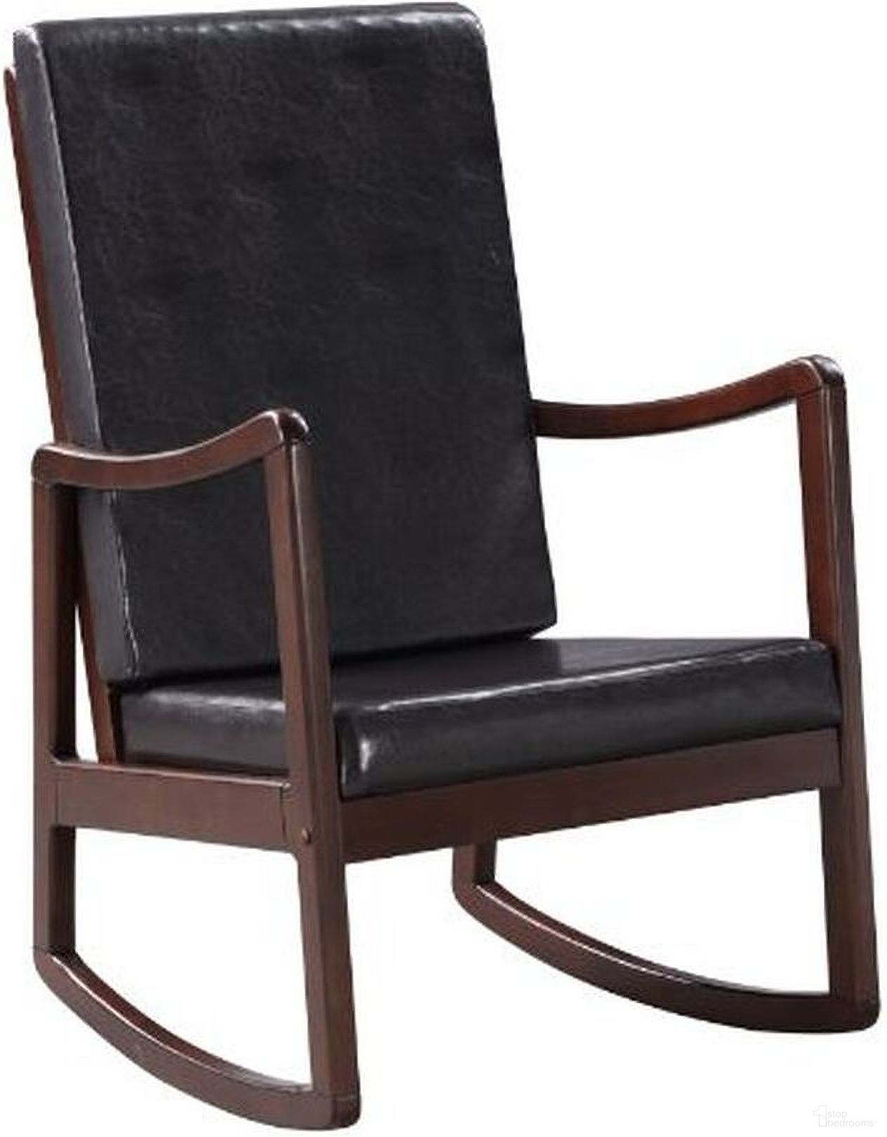 The appearance of Acme Raina Rocking Chair In Espresso Finish designed by ACME in the transitional interior design. This espresso piece of furniture was selected by 1StopBedrooms from Raina Collection to add a touch of cosiness and style into your home. Sku: 59935. Material: Faux Leather.