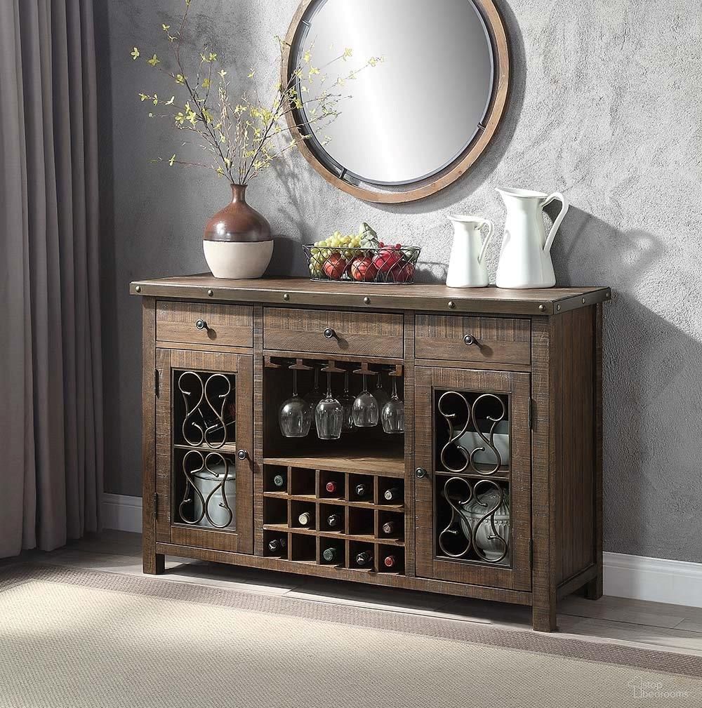 The appearance of Acme Raphaela Server With Cup Holder And Wine Rack In Weathered Cherry Finish designed by ACME in the transitional interior design. This weathered cherry piece of furniture  was selected by 1StopBedrooms from Raphaela Collection to add a touch of cosiness and style into your home. Sku: DN00983. Material: Wood.