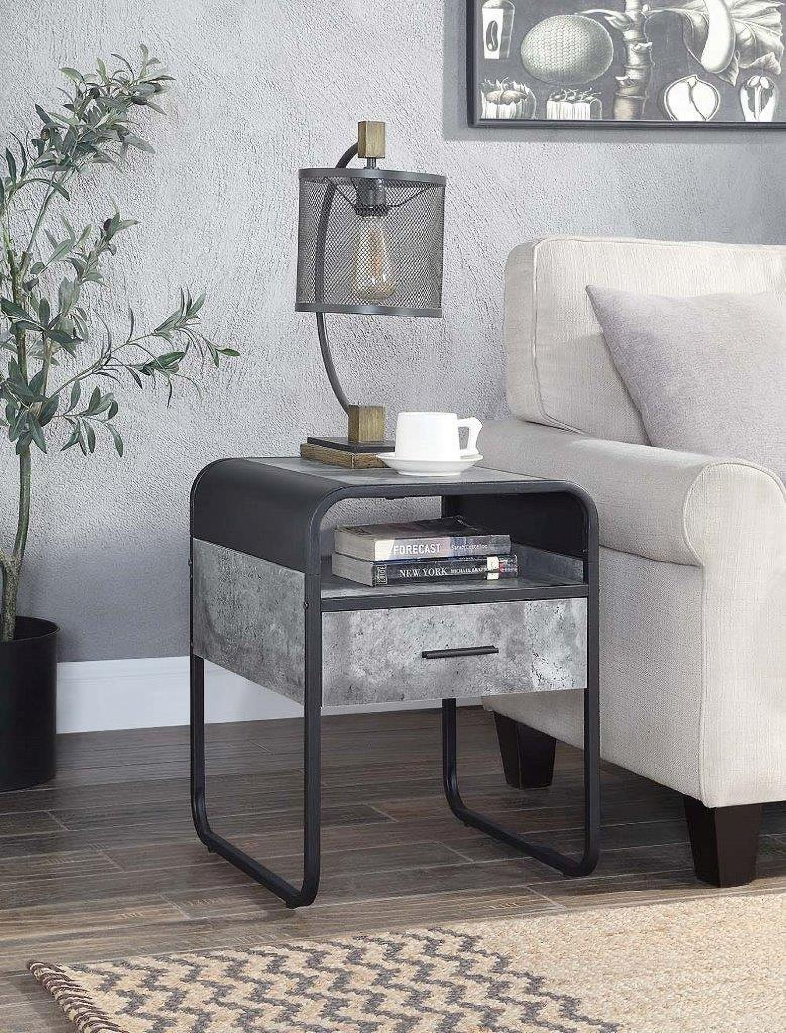 The appearance of Raziela 1 Drawer End Table In Gray designed by ACME in the industrial interior design. This gray piece of furniture  was selected by 1StopBedrooms from Raziela Collection to add a touch of cosiness and style into your home. Sku: LV01147. Material: Wood.