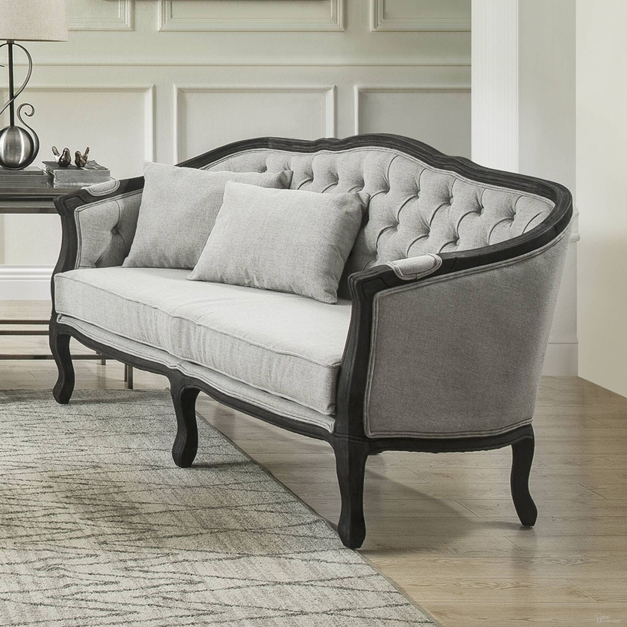The appearance of Acme Samael Loveseat With 2 Pillows designed by ACME in the transitional interior design. This gray piece of furniture  was selected by 1StopBedrooms from Samael Collection to add a touch of cosiness and style into your home. Sku: LV01128. Material: Wood.