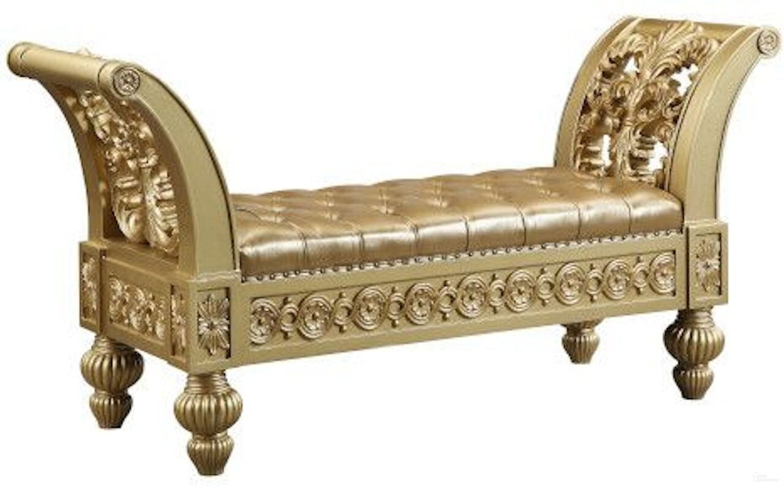 The appearance of Acme Seville Bench In Gold Finish designed by ACME in the transitional interior design. This gold piece of furniture  was selected by 1StopBedrooms from Seville Collection to add a touch of cosiness and style into your home. Sku: BD00456. Material: Wood.