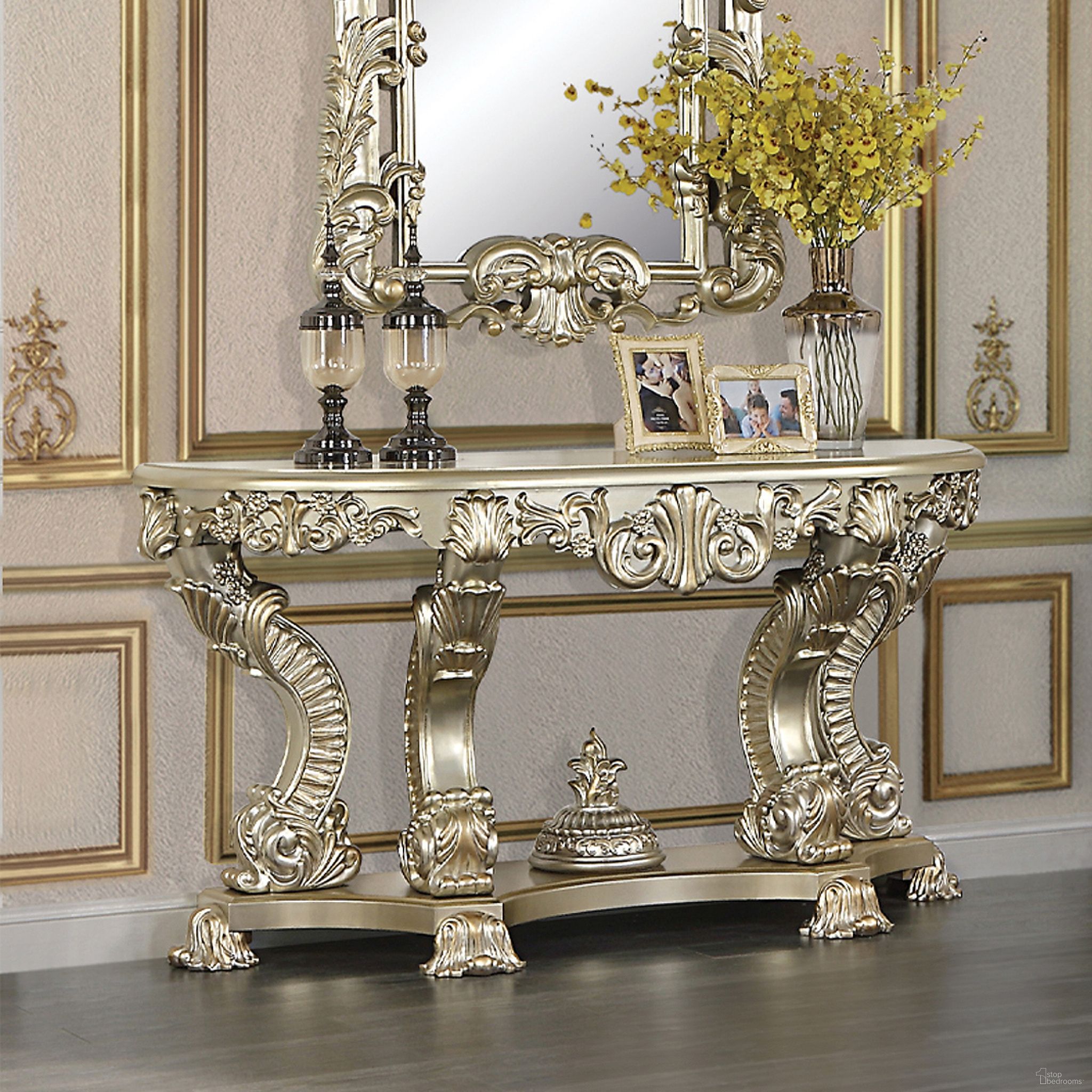 The appearance of Acme Sorina Sofa Table designed by ACME in the transitional interior design. This antique gold piece of furniture  was selected by 1StopBedrooms from Sorina Collection to add a touch of cosiness and style into your home. Sku: LV01216. Material: Wood.