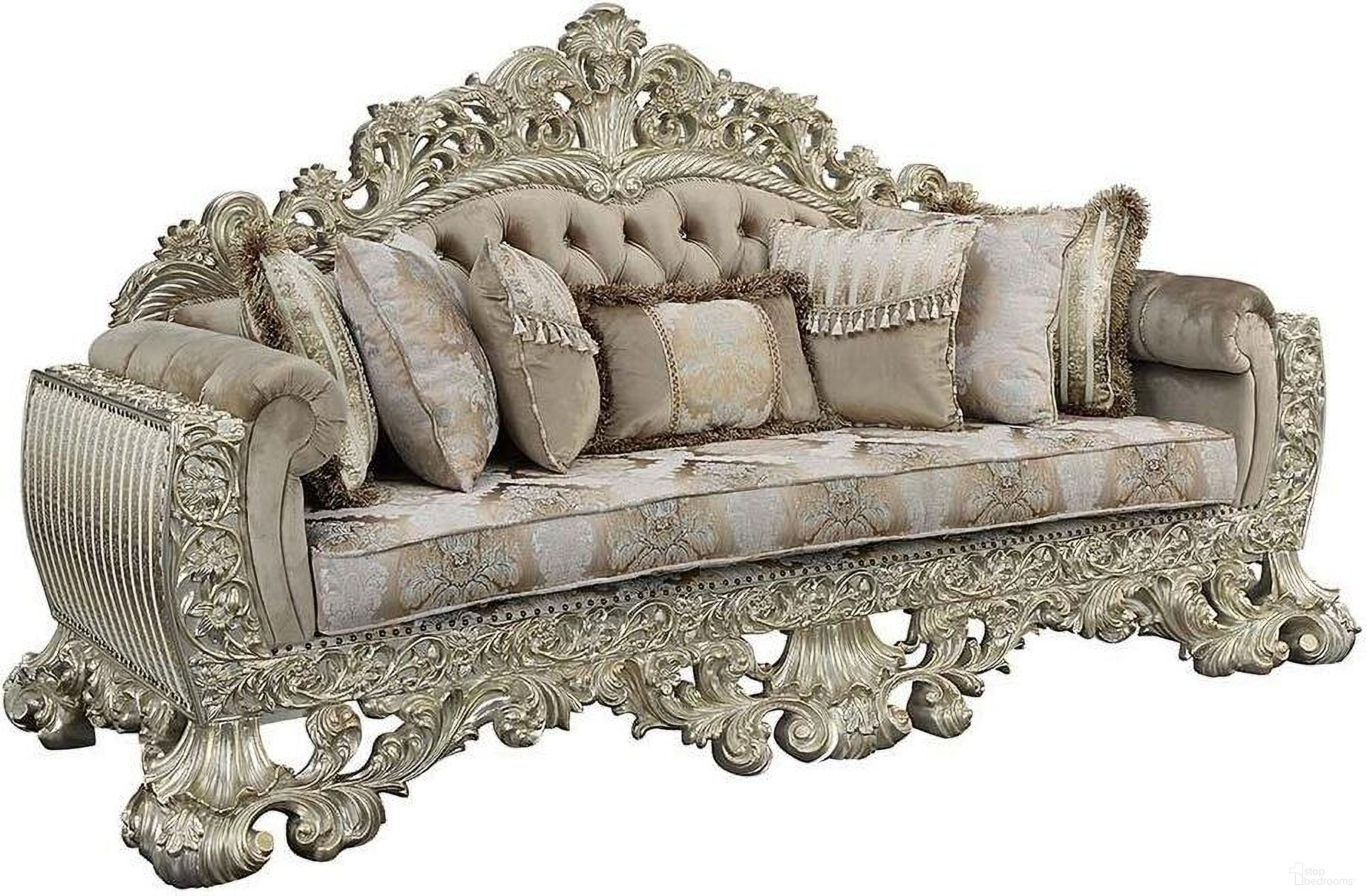 The appearance of Acme Sorina Sofa With 7 Pillows designed by ACME in the transitional interior design. This antique gold piece of furniture was selected by 1StopBedrooms from Sorina Collection to add a touch of cosiness and style into your home. Sku: LV01205-1;LV01205-2. Material: Wood.
