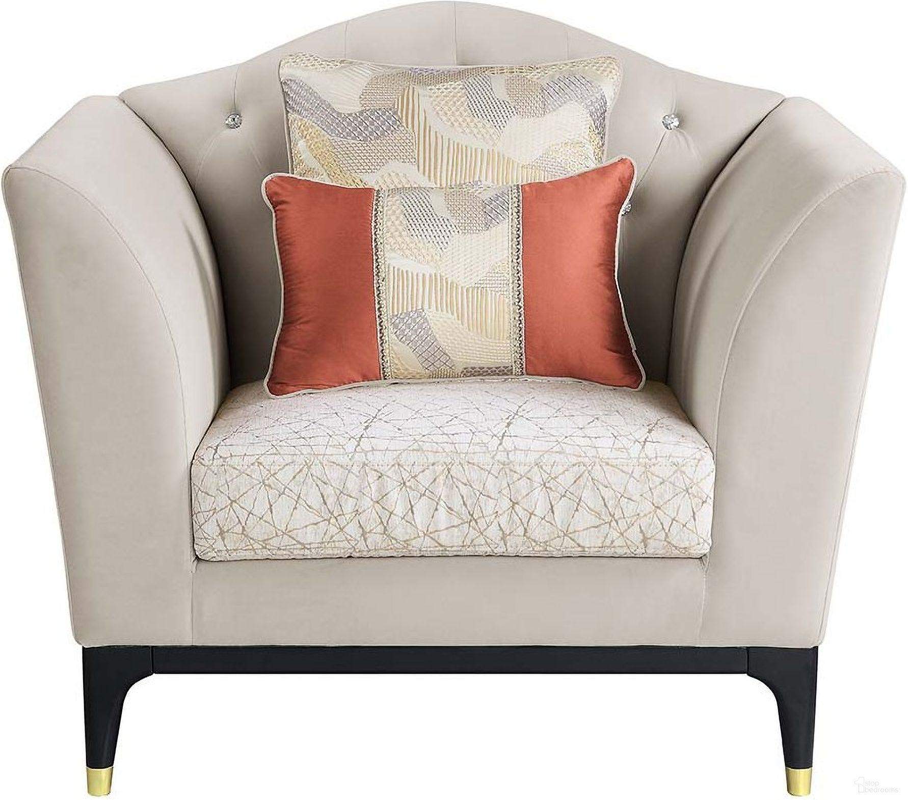 The appearance of Acme Tayden Chair With 2 Pillows designed by ACME in the transitional interior design. This beige velvet piece of furniture was selected by 1StopBedrooms from Tayden Collection to add a touch of cosiness and style into your home. Sku: LV01157. Material: Wood.