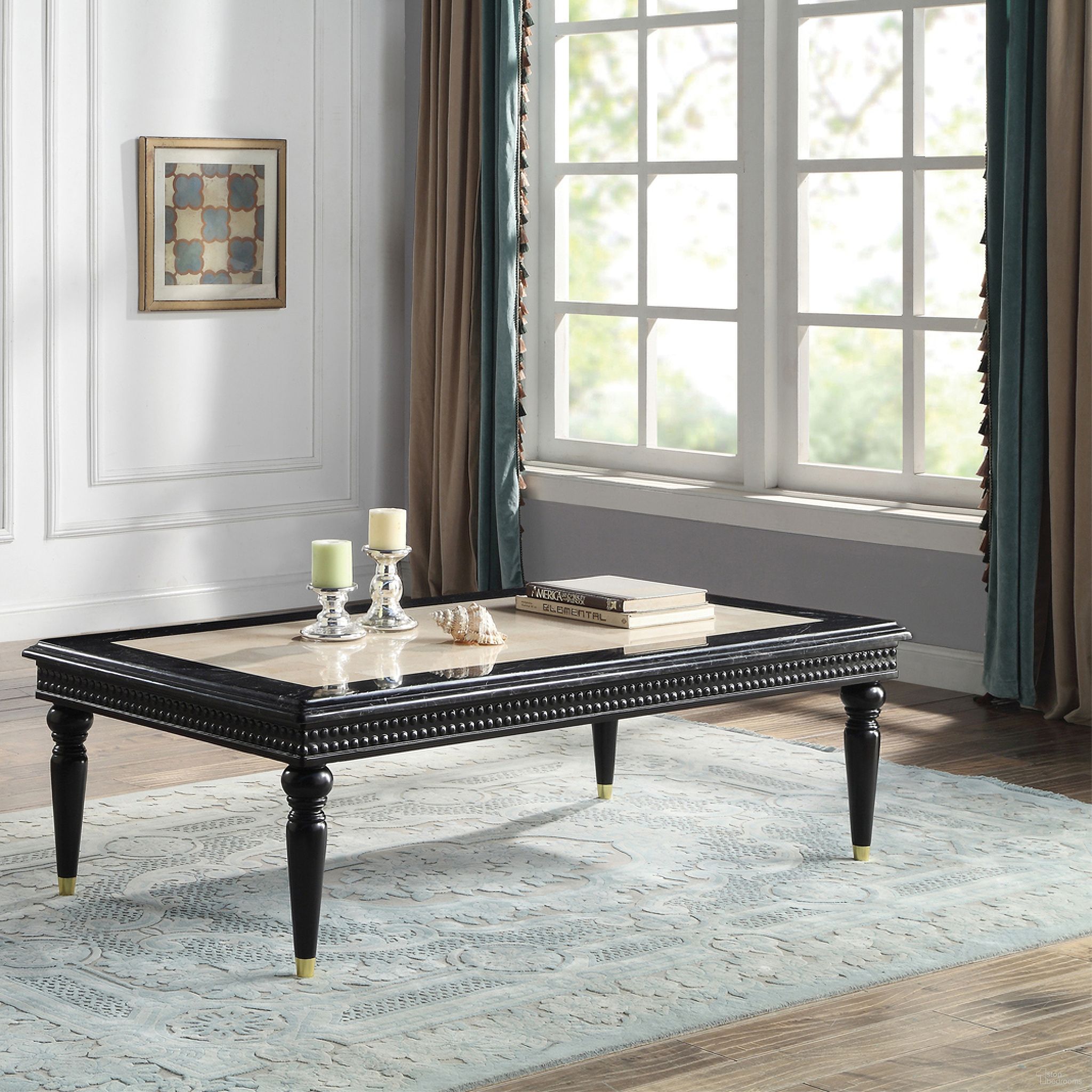 The appearance of Acme Tayden Coffee Table With Marble Top designed by ACME in the transitional interior design. This black piece of furniture  was selected by 1StopBedrooms from Tayden Collection to add a touch of cosiness and style into your home. Sku: LV01158. Material: Wood.
