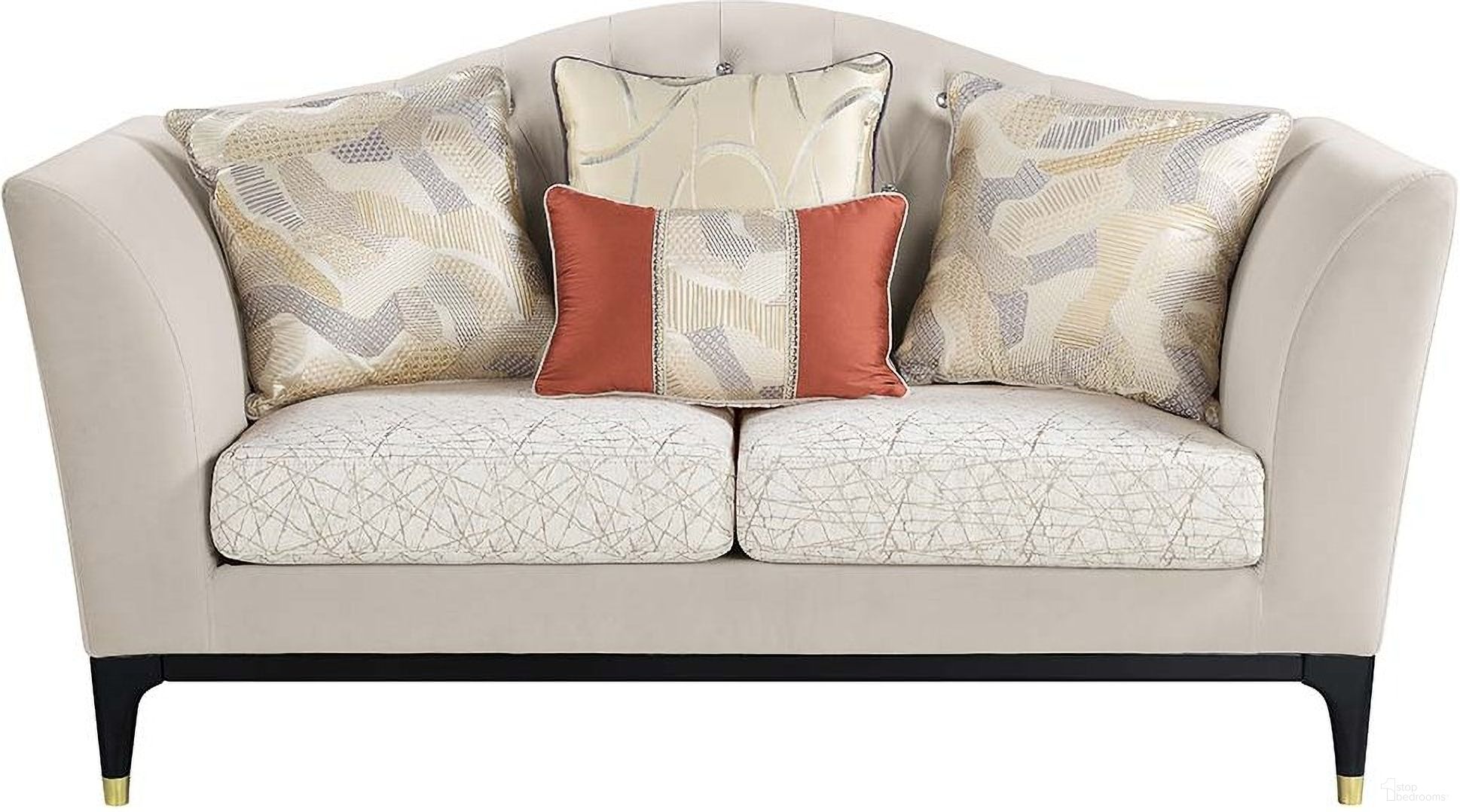 The appearance of Acme Tayden Loveseat With 4 Pillows designed by ACME in the transitional interior design. This beige velvet piece of furniture  was selected by 1StopBedrooms from Tayden Collection to add a touch of cosiness and style into your home. Sku: LV01156. Material: Wood.