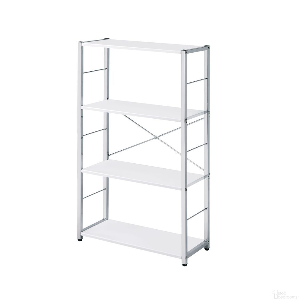 The appearance of Acme Tennos Bookshelf In White And Chrome Finish designed by ACME in the modern / contemporary interior design. This white and chrome piece of furniture  was selected by 1StopBedrooms from Tennos Collection to add a touch of cosiness and style into your home. Sku: 93192. Material: Wood.