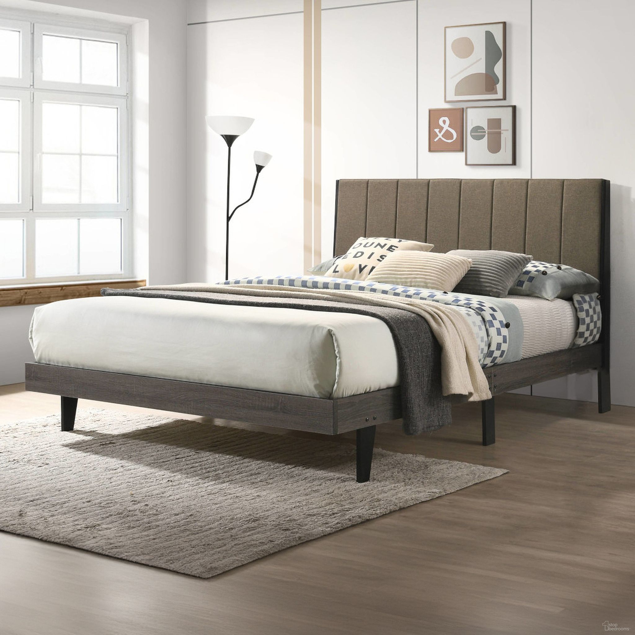 Acme Valdemar Queen Bed In Brown Fabric And Weathered Gray Finish