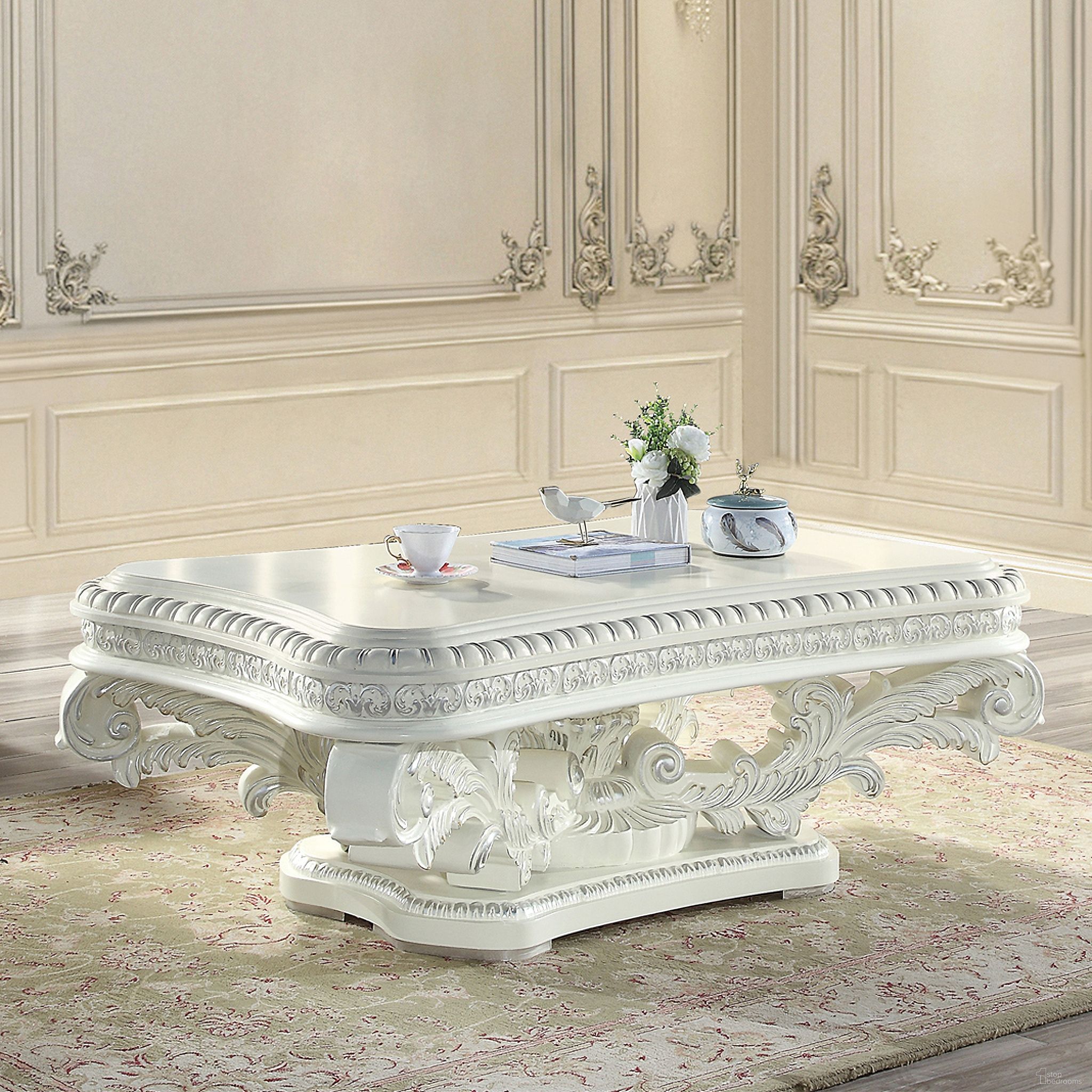 The appearance of Acme Vanaheim Coffee Table designed by ACME in the transitional interior design. This antique white piece of furniture was selected by 1StopBedrooms from Vanaheim Collection to add a touch of cosiness and style into your home. Sku: LV00800. Material: Wood.