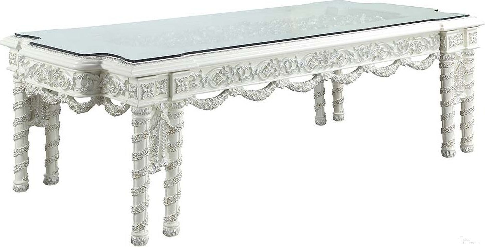 The appearance of Acme Vanaheim Dining Table In Antique White Finish designed by ACME in the transitional interior design. This antique white piece of furniture was selected by 1StopBedrooms from Vanaheim Collection to add a touch of cosiness and style into your home. Sku: DN00678-1;DN00678-2. Table Base Style: Legs. Material: Wood. Table Top Shape: Rectangular. Size: 48" x 108".