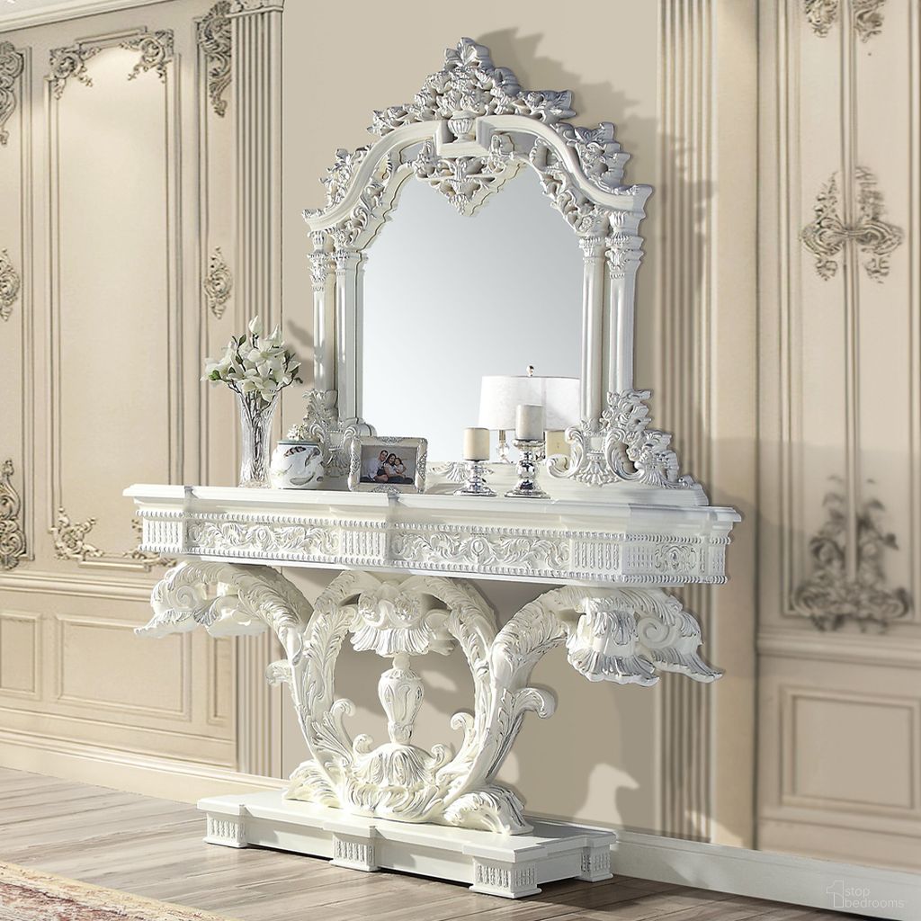 The appearance of Acme Vanaheim Mirror In Antique White Finish LV00807 designed by ACME in the transitional interior design. This antique white piece of furniture  was selected by 1StopBedrooms from Vanaheim Collection to add a touch of cosiness and style into your home. Sku: LV00807. Material: Resin.