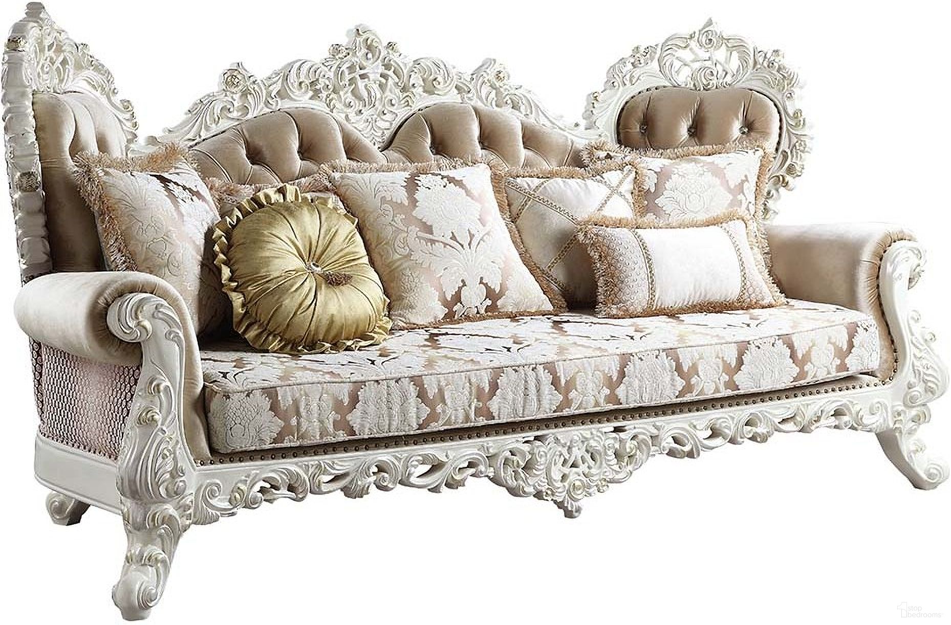 The appearance of Acme Vanaheim Sofa With 7 Pillows designed by ACME in the transitional interior design. This antique white piece of furniture was selected by 1StopBedrooms from Vanaheim Collection to add a touch of cosiness and style into your home. Sku: LV00803-1;LV00803-2. Material: Wood.