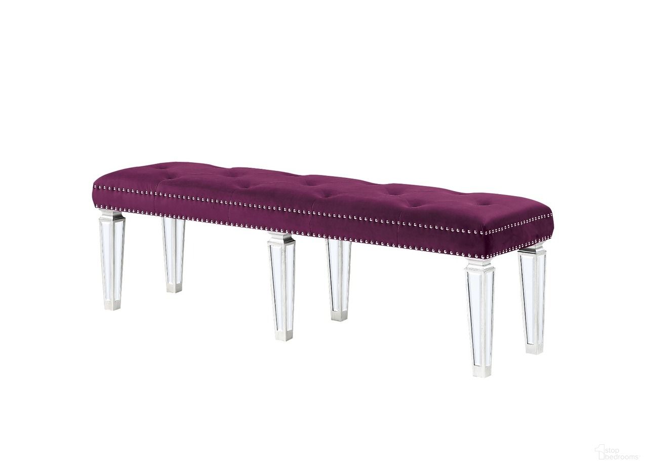The appearance of Acme Varian Bench In Burgundy Velvet And Mirrored designed by ACME in the glam interior design. This burgundy velvet piece of furniture  was selected by 1StopBedrooms from Varian Collection to add a touch of cosiness and style into your home. Sku: 27377. Material: Wood.