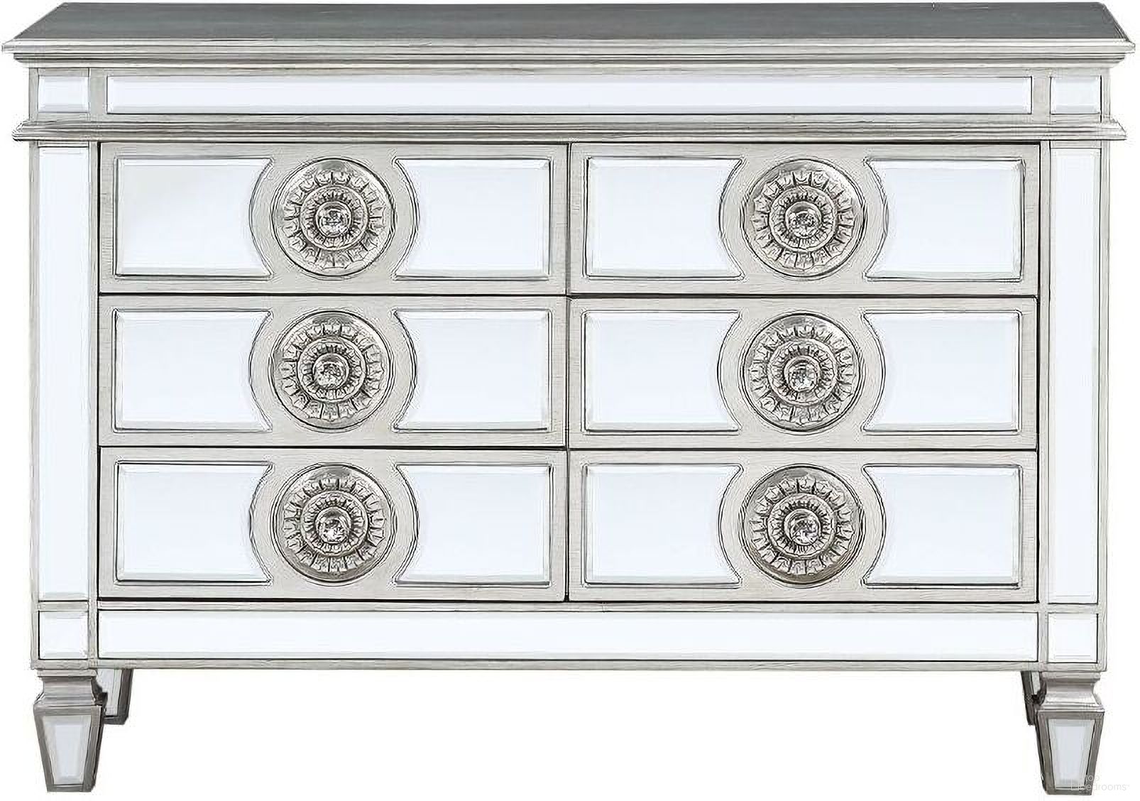 The appearance of Varian 6 Drawer Server In Mirrored And Antique Platinum designed by ACME in the glam interior design. This antique platinum piece of furniture  was selected by 1StopBedrooms from Varian Collection to add a touch of cosiness and style into your home. Sku: 66159. Material: Wood.