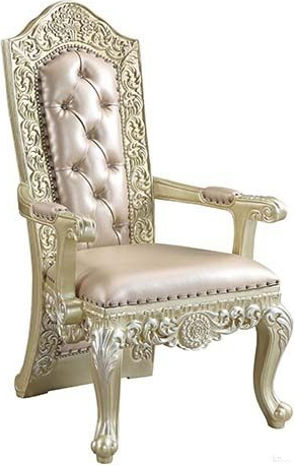 The appearance of Acme Vatican Arm Chair Set of 2 In Champagne Silver Finish designed by ACME in the transitional interior design. This champagne piece of furniture  was selected by 1StopBedrooms from Vatican Collection to add a touch of cosiness and style into your home. Sku: DN00469. Material: Wood. Chair Type: Arm Chair.