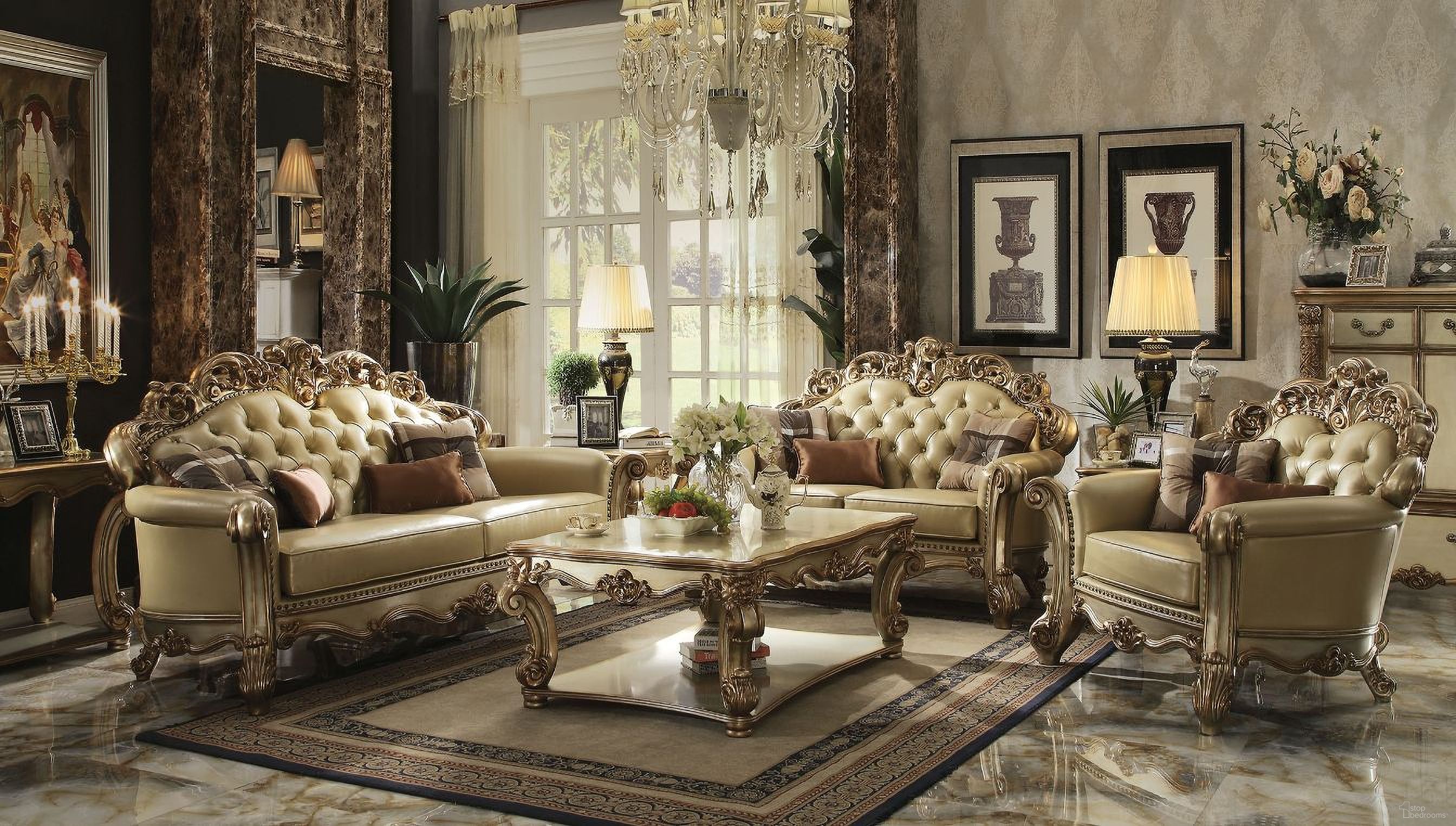 The appearance of Acme Vendome Sofa in Gold Patina designed by ACME in the rustic / southwestern interior design. This gold patina piece of furniture  was selected by 1StopBedrooms from Vendome Collection to add a touch of cosiness and style into your home. Sku: 53000. Material: Vinyl. Key Features: Tufted.
