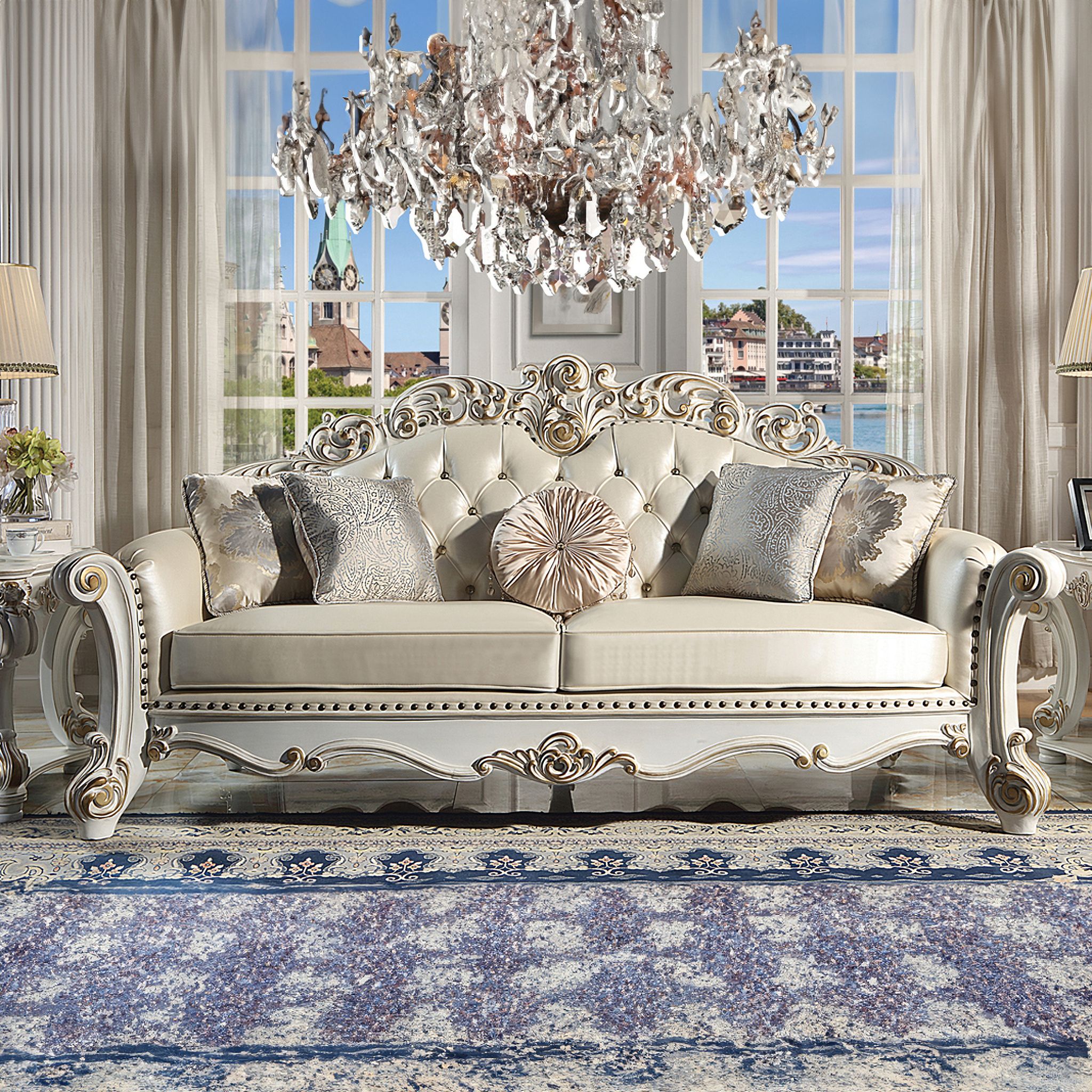 The appearance of Acme Vendome Sofa With 5 Pillows designed by ACME in the transitional interior design. This antique pearl piece of furniture was selected by 1StopBedrooms from Vendome Collection to add a touch of cosiness and style into your home. Sku: LV01324. Material: Wood.
