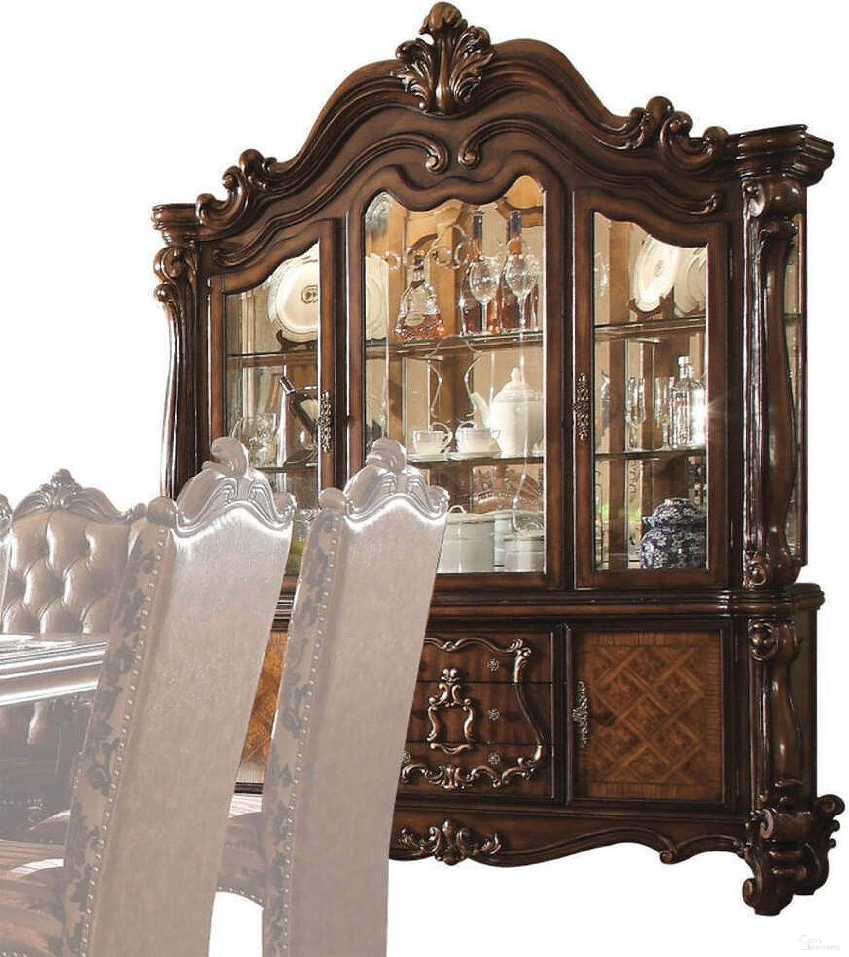 The appearance of Acme Versailles Buffet w/Hutch in Cherry Oak designed by ACME in the rustic / southwestern interior design. This brown piece of furniture  was selected by 1StopBedrooms from Versailles Collection to add a touch of cosiness and style into your home. Sku: 61104H;61105B. Material: Wood.
