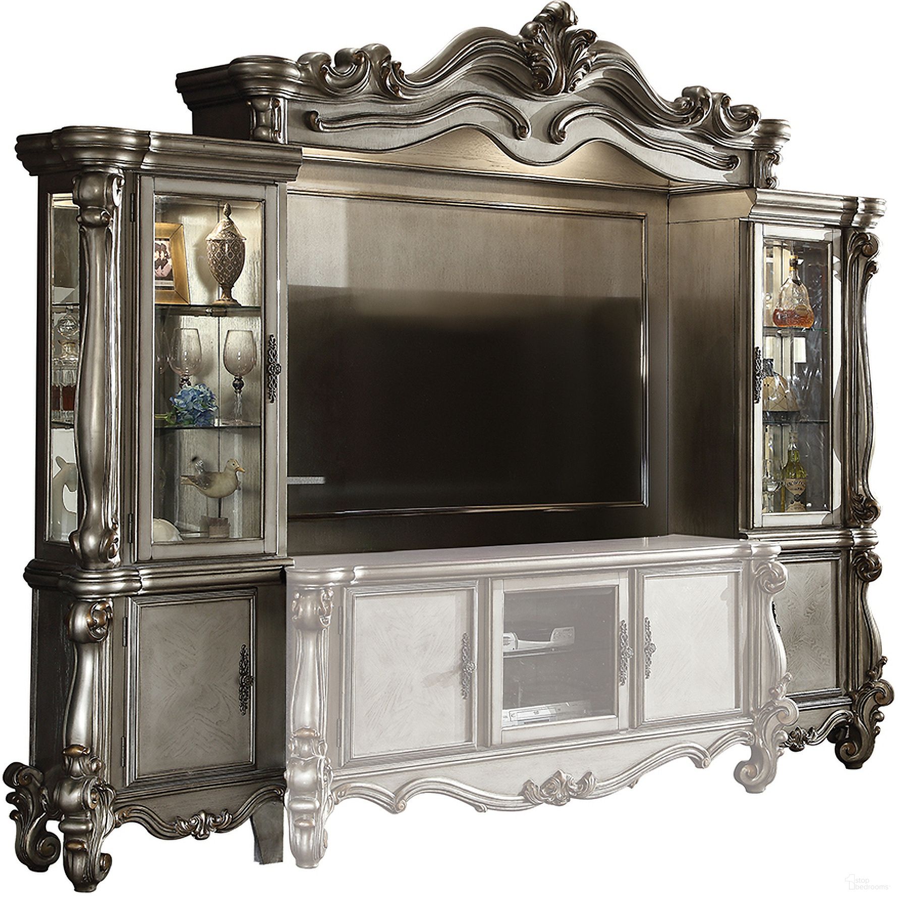 The appearance of Acme Versailles Entertainment Center In Antique Platinum designed by ACME in the rustic / southwestern interior design. This antique platinum piece of furniture was selected by 1StopBedrooms from Versailles Collection to add a touch of cosiness and style into your home. Sku: 91820LP;91821RP;91822BRD;91823PNL. Material: Wood.