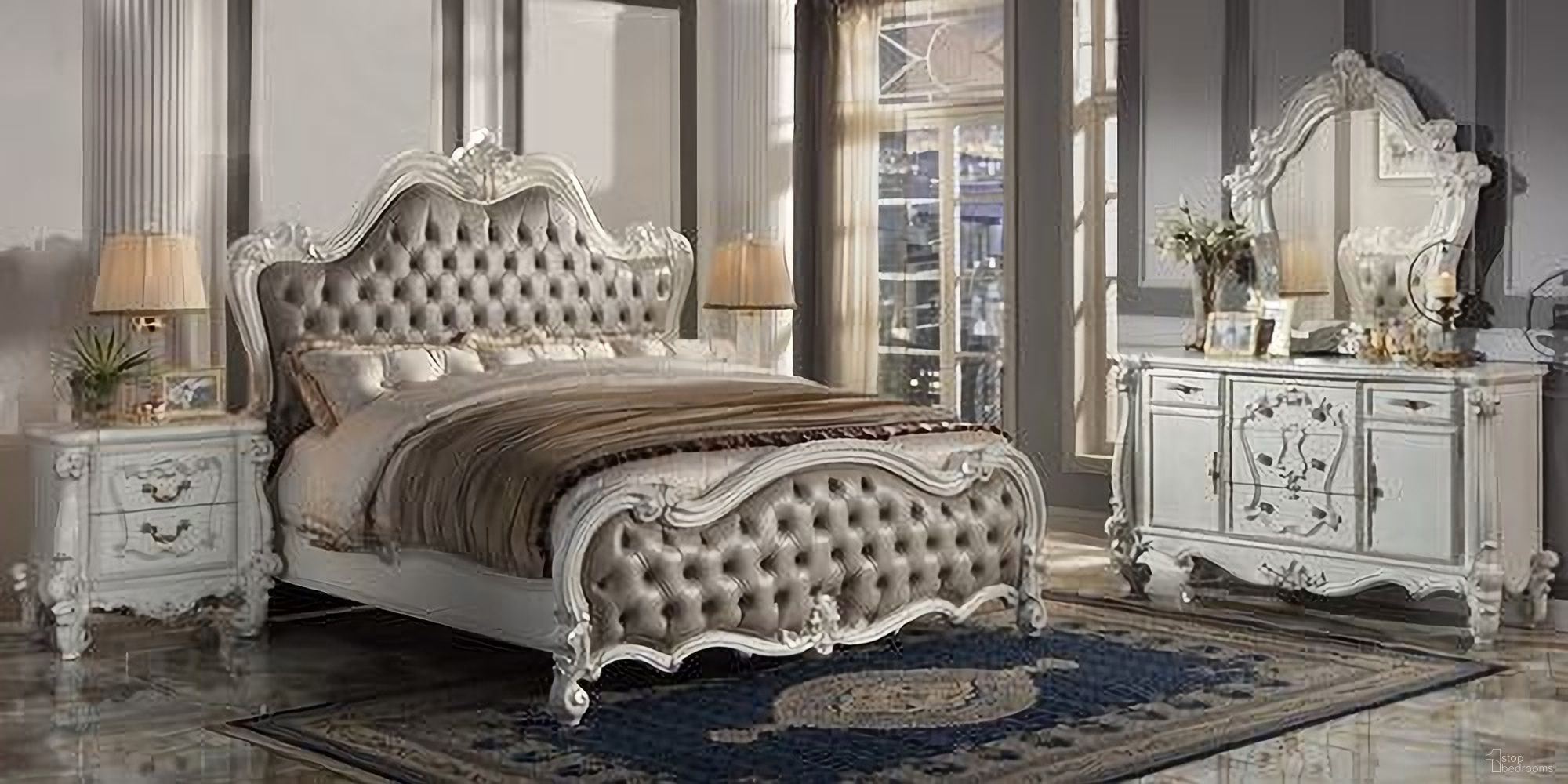 The appearance of Acme Versailles Ii California King Bed In Vintage Gray And Bone White Finish designed by ACME in the transitional interior design. This white piece of furniture was selected by 1StopBedrooms from Versailles Ii Collection to add a touch of cosiness and style into your home. Sku: BD01321CK1;BD01321CK2;BD01321CK3. Bed Type: Panel Bed. Material: Wood. Bed Size: California King.