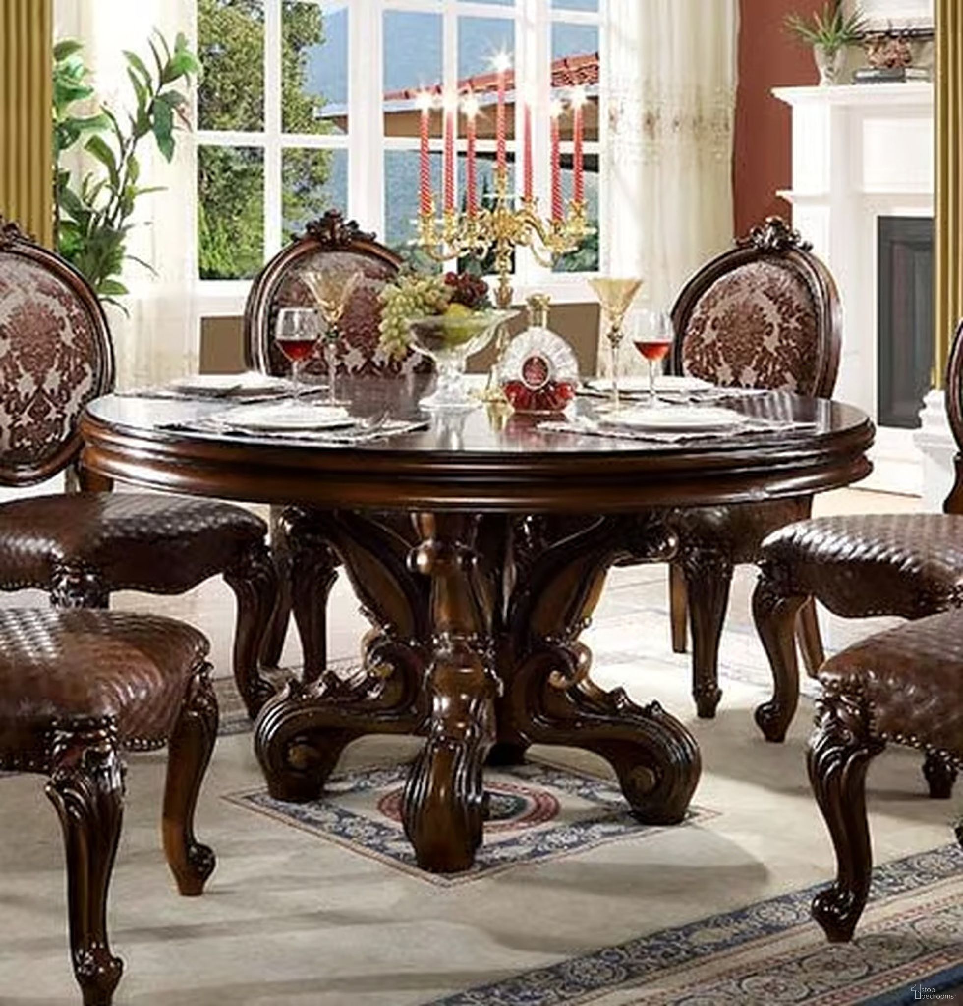 The appearance of Acme Versailles Round Dining Table With Single Pedestal In Cherry Finish designed by ACME in the transitional interior design. This cherry piece of furniture  was selected by 1StopBedrooms from Versailles Collection to add a touch of cosiness and style into your home. Sku: DN01391-1;DN01391-2. Table Base Style: Pedestal. Table Top Shape: Round. Material: Wood. Size: 60".
