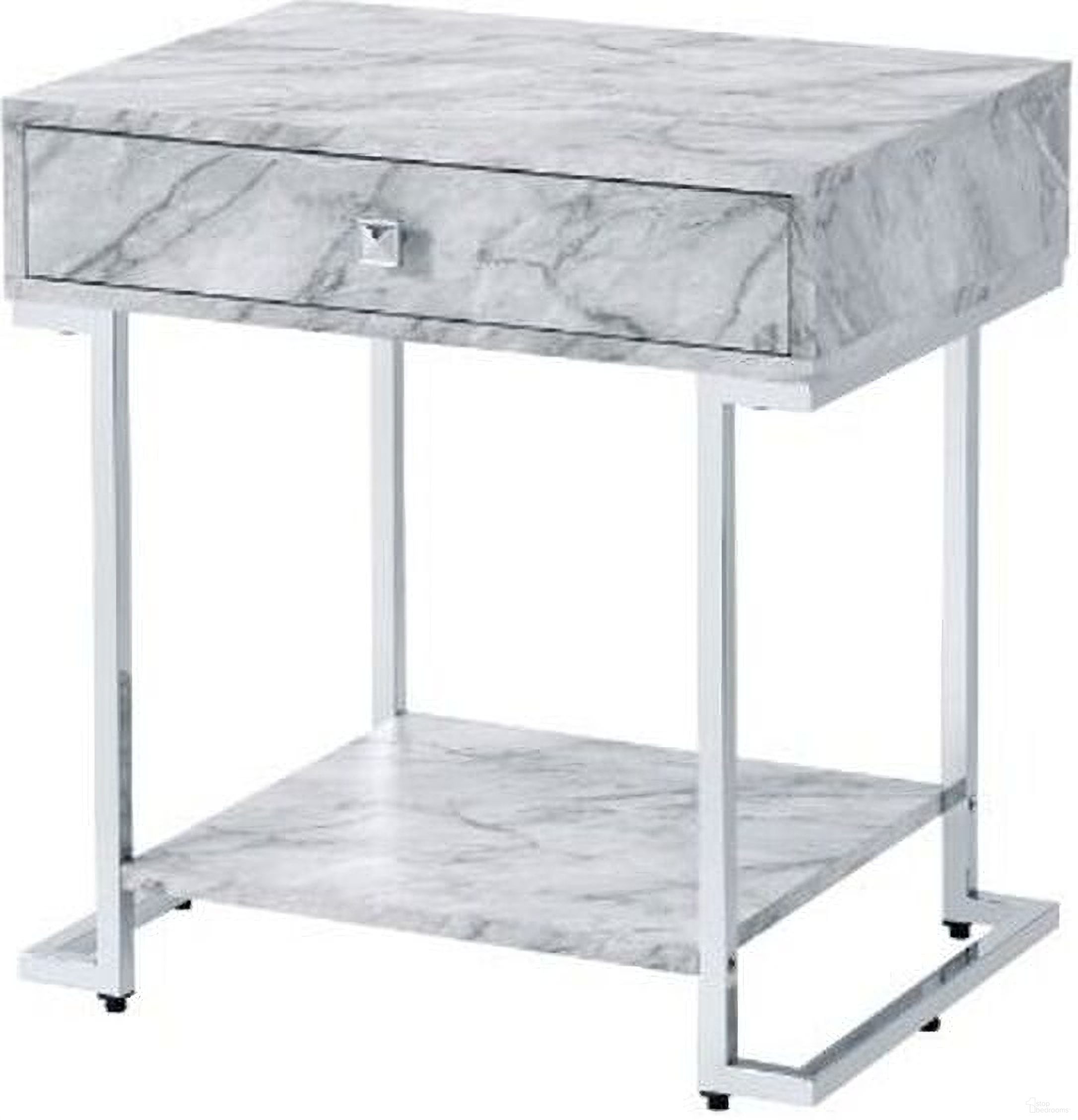 Acme Wither Accent Table In White Printed Faux Marble And Chrome Finish