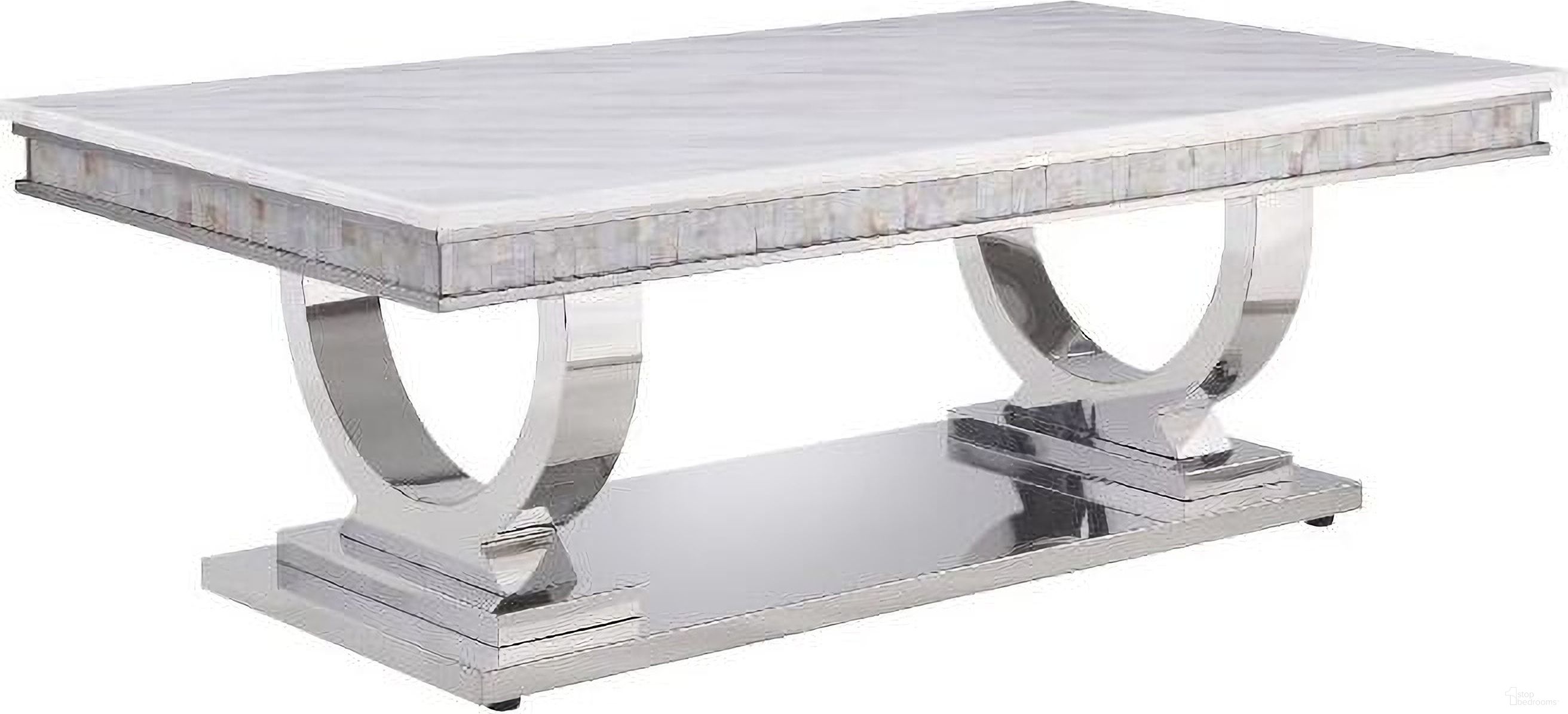 The appearance of Acme Zander Coffee Table designed by ACME in the modern / contemporary interior design. This silver piece of furniture  was selected by 1StopBedrooms from Zander Collection to add a touch of cosiness and style into your home. Sku: 87355T;87356FRM;87357ST;87358BASE. Material: Stainless Steel.