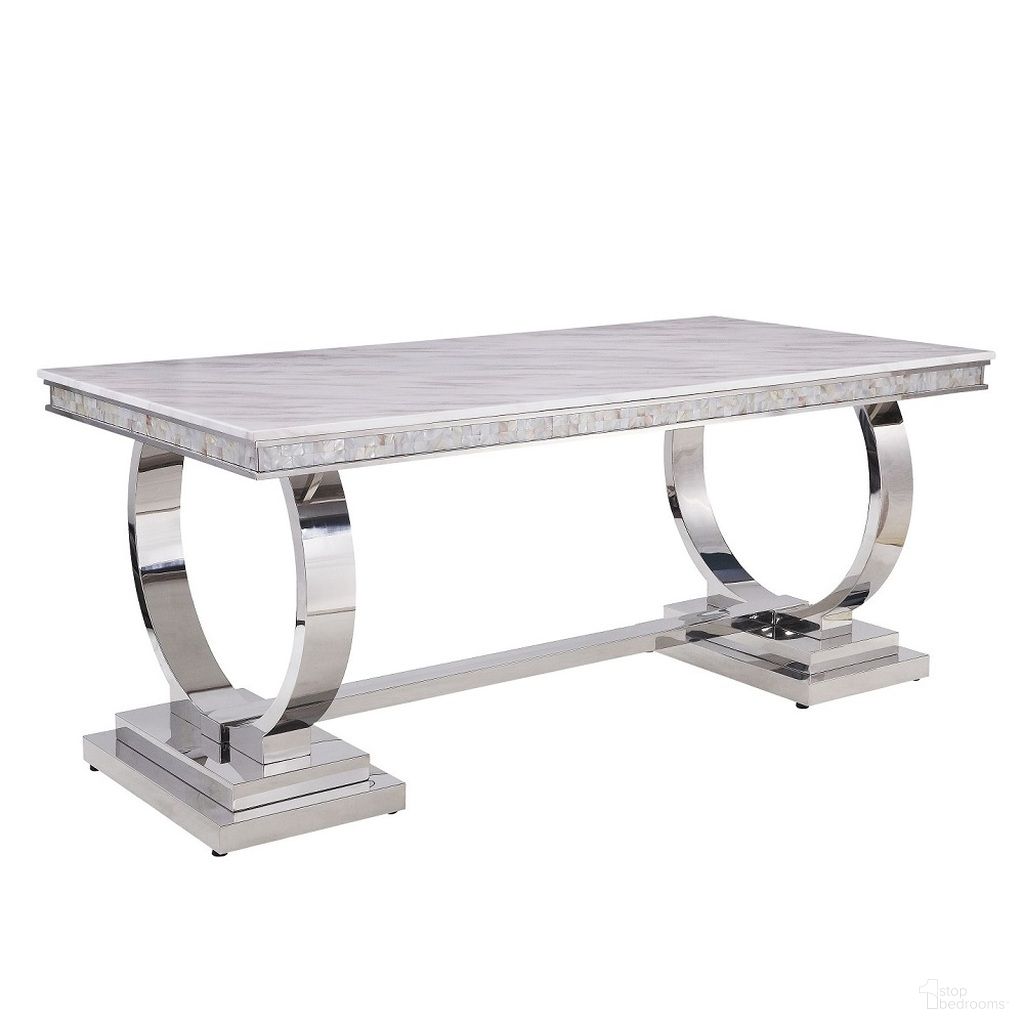 The appearance of Acme Zander Dining Table In White Printed Faux Marble and Mirrored Silver Finish designed by ACME in the modern / contemporary interior design. This white piece of furniture  was selected by 1StopBedrooms from Zander Collection to add a touch of cosiness and style into your home. Sku: 68250T;68251FRM;68252ST;68253BASE. Table Base Style: Trestle. Table Top Shape: Rectangular. Material: Stainless Steel. Size: 71".
