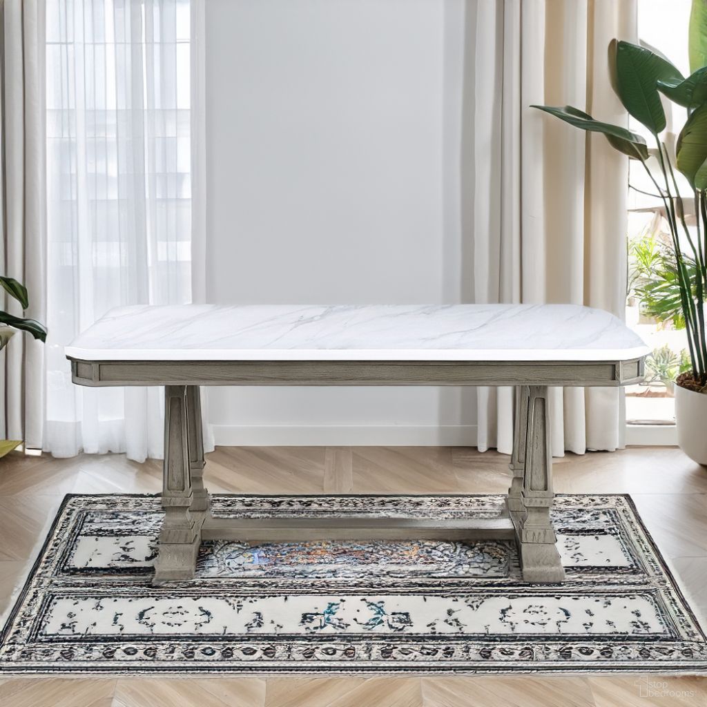 The appearance of Acme Zumala Dining Table In Marble And Weathered Oak Finish designed by ACME in the transitional interior design. This weathered oak piece of furniture  was selected by 1StopBedrooms from Zumala Collection to add a touch of cosiness and style into your home. Sku: 73260. Table Base Style: Trestle. Material: Wood. Table Top Shape: Rectangular. Size: 71".