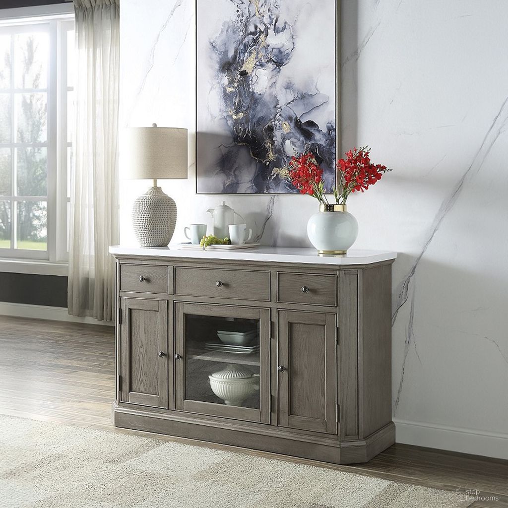 The appearance of Acme Zumala Server In Marble And Weathered Oak Finish designed by ACME in the transitional interior design. This weathered oak piece of furniture was selected by 1StopBedrooms from Zumala Collection to add a touch of cosiness and style into your home. Sku: 73263. Material: Wood.