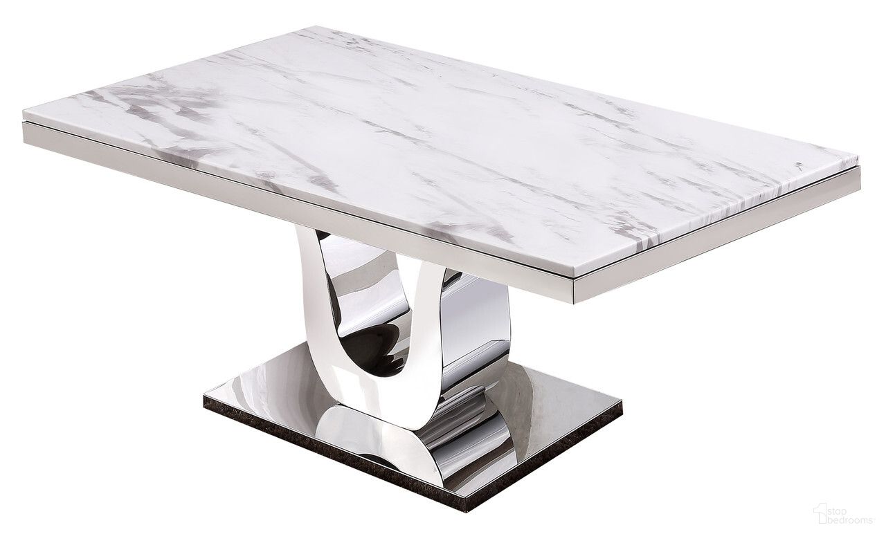 The appearance of Ada Rectangular Dining Table In White Marble and Silver Stainless Steel designed by Best Quality Furniture in the modern / contemporary interior design. This white and silver piece of furniture  was selected by 1StopBedrooms from Ada Collection to add a touch of cosiness and style into your home. Sku: D14-DTT;D14-DTB. Table Base Style: Pedestal. Material: Marble. Table Top Shape: Rectangular. Size: 38" x 64".