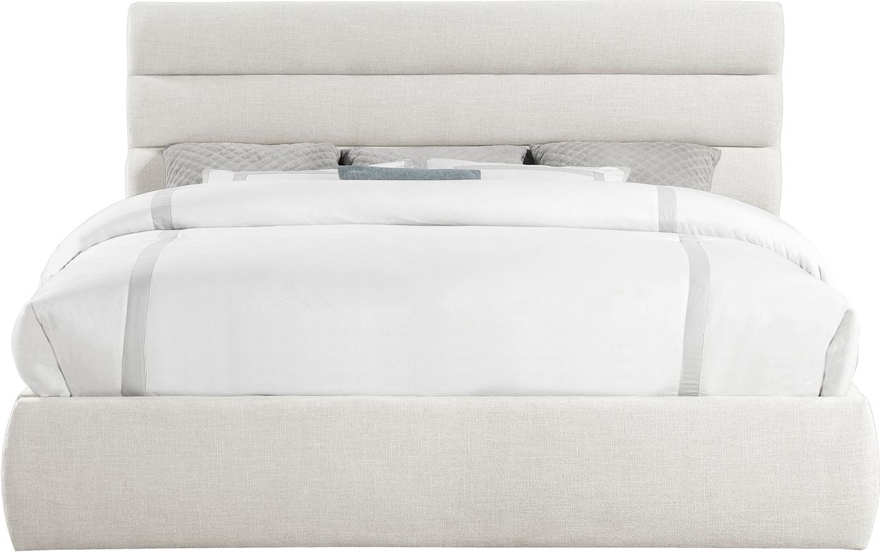 The appearance of Adam Linen Textured Fabric King Bed In Cream Linen designed by Meridian in the modern / contemporary interior design. This cream linen piece of furniture  was selected by 1StopBedrooms from Adam Collection to add a touch of cosiness and style into your home. Sku: B1255Cream-K Box 1/2 (Headboard);B1255Cream-K Box 2/2 (Footboard / Rails / Slats). Bed Type: Panel Bed. Bed Size: King. Material: Linen.