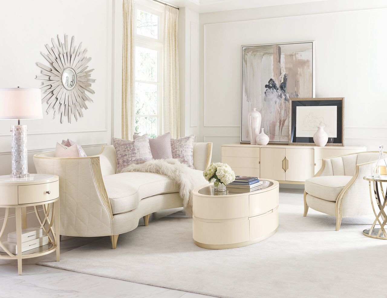 The appearance of Adela Washed Alabaster And Blush Taupe Oval Occasional Table Set designed by Caracole in the transitional interior design. This beige and brown piece of furniture  was selected by 1StopBedrooms from Adela Collection to add a touch of cosiness and style into your home. Sku: C011-016-403;C011-016-422. Material: Wood.