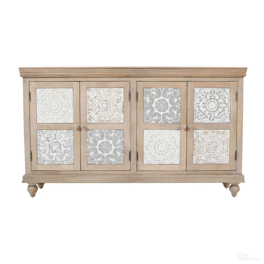 The appearance of Adele 71 Inch Hand Carved 4 Door Sideboard Cabinet In Sand designed by Jofran in the rustic / southwestern interior design. This sand piece of furniture  was selected by 1StopBedrooms from Adele Collection to add a touch of cosiness and style into your home. Sku: 2358-71. Material: MDF.