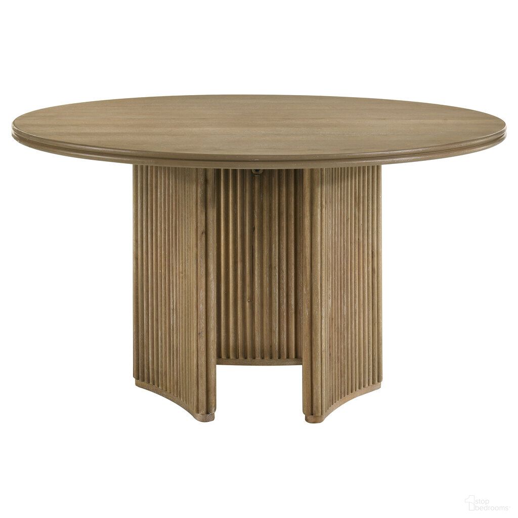 The appearance of Adina 53-Inch Round Wood Dining Table In Distressed Light Brown designed by Coaster in the modern / contemporary interior design. This distressed light brown piece of furniture  was selected by 1StopBedrooms from Adina Collection to add a touch of cosiness and style into your home. Sku: 193610B1;193610B2. Table Base Style: Pedestal. Table Top Shape: Round. Material: Rubberwood. Size: 53".