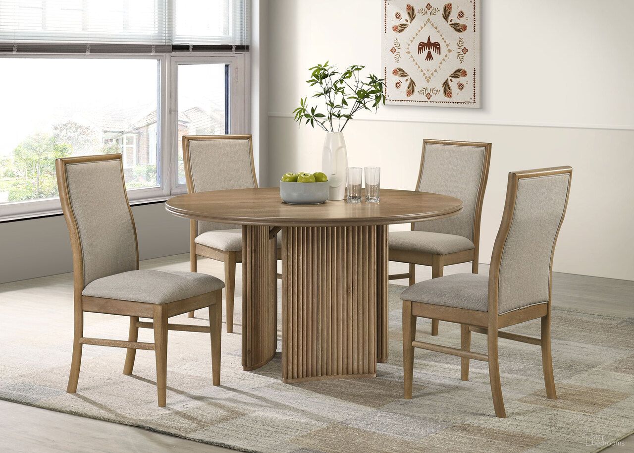The appearance of Adina Round Wood Dining Room Set In Distressed Light Brown designed by Coaster in the modern / contemporary interior design. This distressed light brown piece of furniture was selected by 1StopBedrooms from Adina Collection to add a touch of cosiness and style into your home. Sku: 193610B1;193610B2;193612. Table Top Shape: Round. Material: MDF. Size: 53".