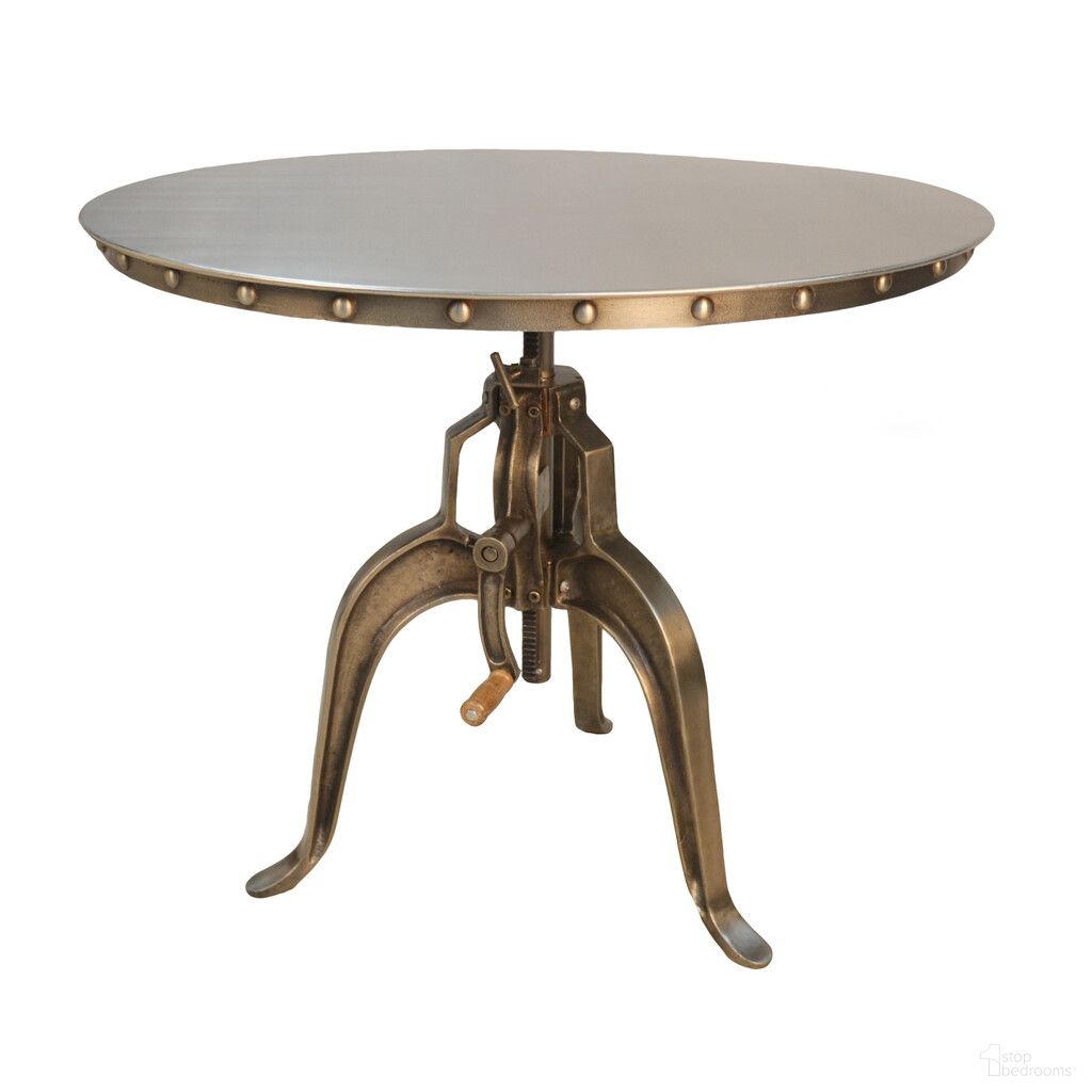 The appearance of Adjustable Height Three Leg Base Round Top Dining Table In Antique Nickel designed by Homeroots in the transitional interior design. This antique nickel piece of furniture  was selected by 1StopBedrooms from  to add a touch of cosiness and style into your home. Sku: 517844. Table Base Style: Pedestal. Table Top Shape: Round. Material: Metal. Size: 36".