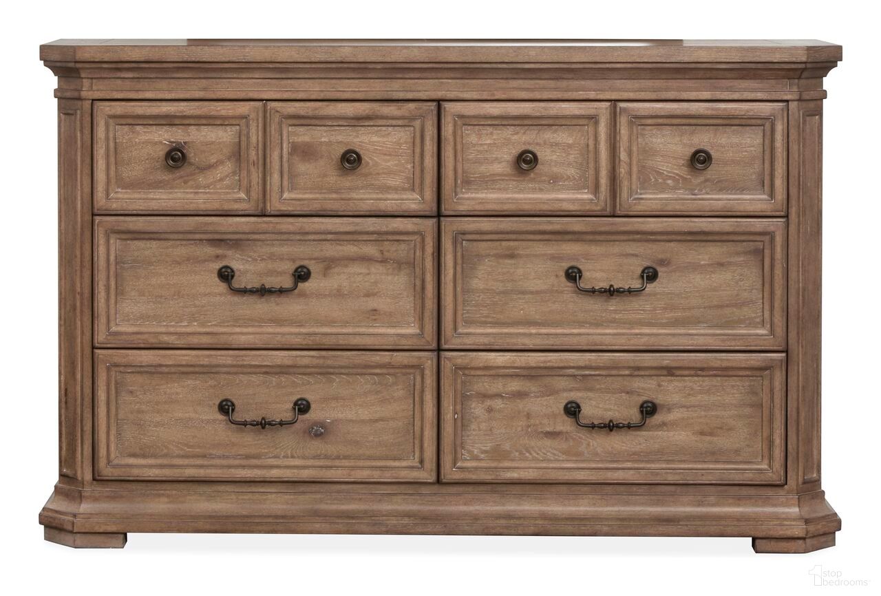 The appearance of Adler Court Drawer Dresser In Florentine Walnut designed by Magnussen in the transitional interior design. This florentine walnut piece of furniture was selected by 1StopBedrooms from Adler Court Collection to add a touch of cosiness and style into your home. Sku: B5991-20. Material: Oak Veneer.