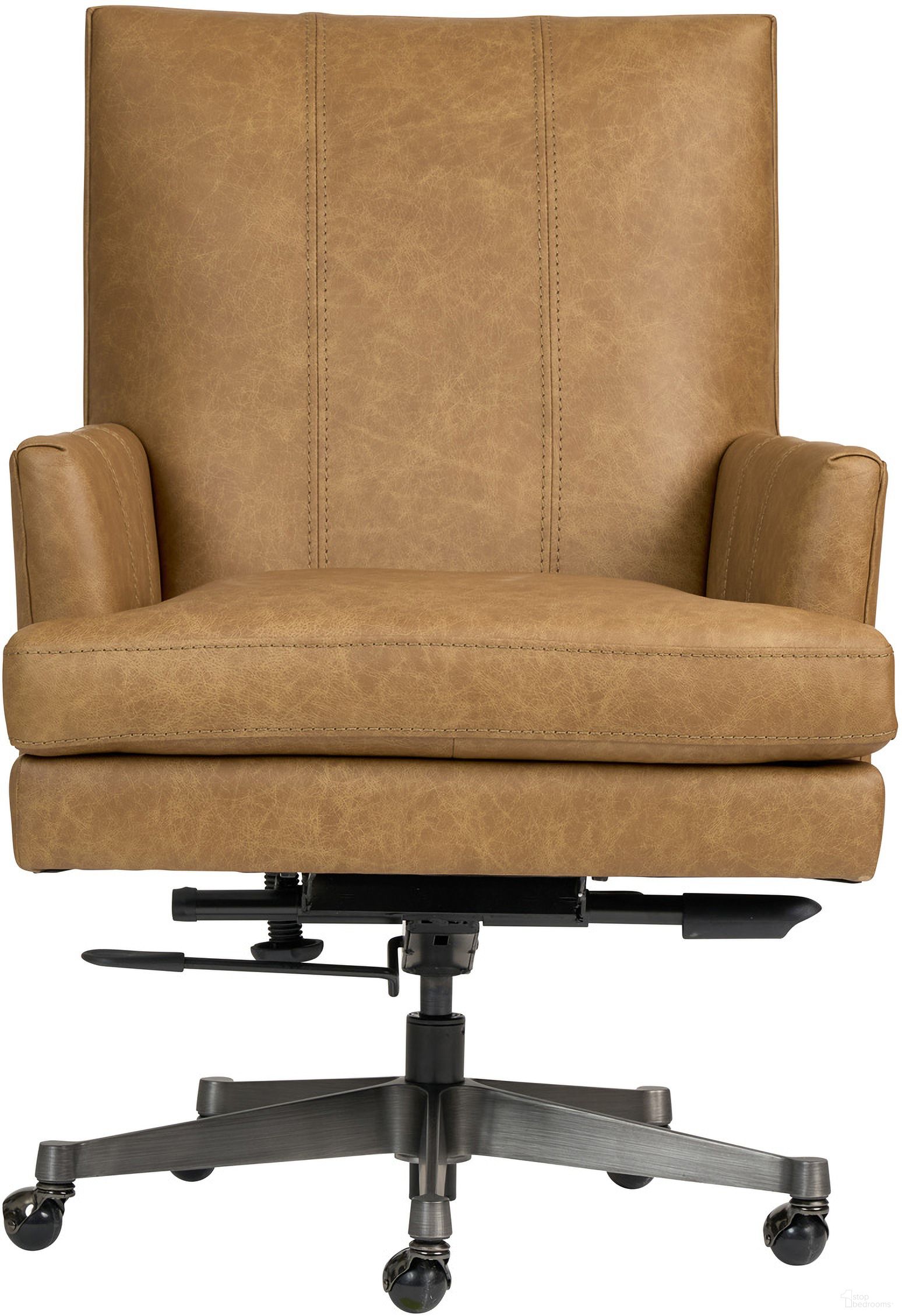 The appearance of Adler Executive Chair In Venetian Caramel designed by Aspenhome in the transitional interior design. This caramel piece of furniture  was selected by 1StopBedrooms from Adler Collection to add a touch of cosiness and style into your home. Sku: A18-3680. Material: Leather.