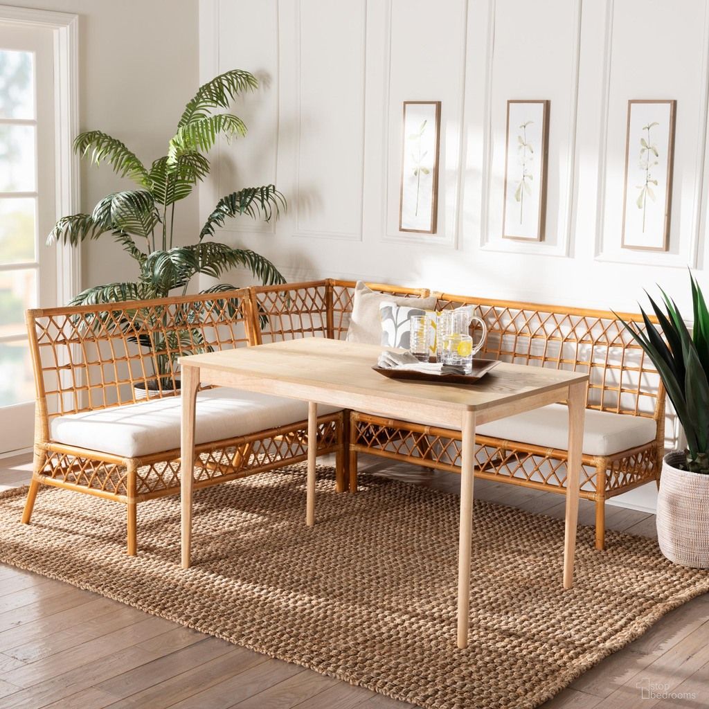 The appearance of Adora Rattan 4 Piece Dining Nook Set In White and Brown designed by Baxton Studio in the bohemian interior design. This white and brown piece of furniture  was selected by 1StopBedrooms from Adora Collection to add a touch of cosiness and style into your home. Sku: Adora-4PC Dining Nook Set. Material: Rubberwood.