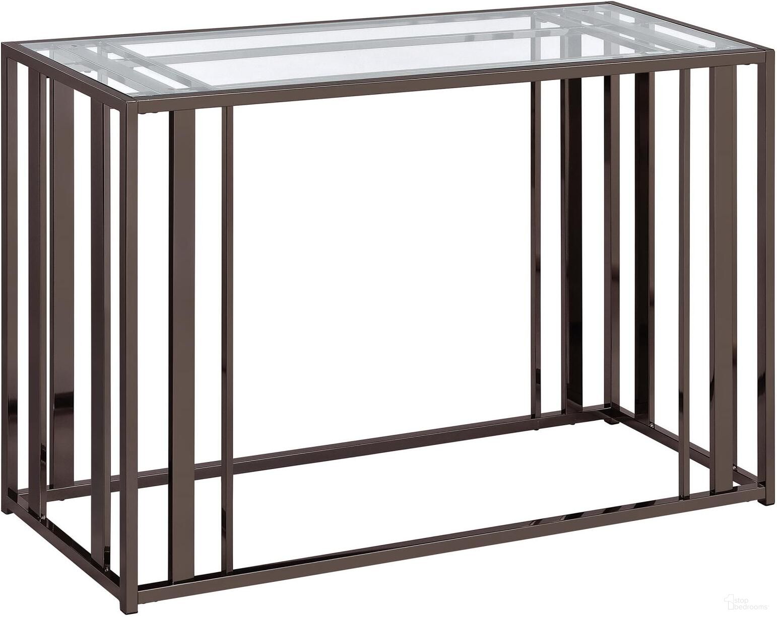The appearance of Adri Rectangular Glass Top Sofa Table Clear and Black Nickel designed by Coaster in the modern / contemporary interior design. This black nickel piece of furniture  was selected by 1StopBedrooms from Adri Collection to add a touch of cosiness and style into your home. Sku: 708359. Material: Metal.