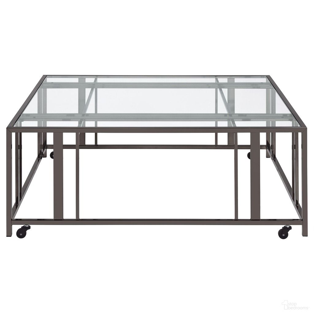 The appearance of Adri Square Glass Top Coffee Table with Casters In Black Nickel designed by Coaster in the modern / contemporary interior design. This black nickel piece of furniture was selected by 1StopBedrooms from Adri Collection to add a touch of cosiness and style into your home. Sku: 710178B1;710178B2. Material: Glass.