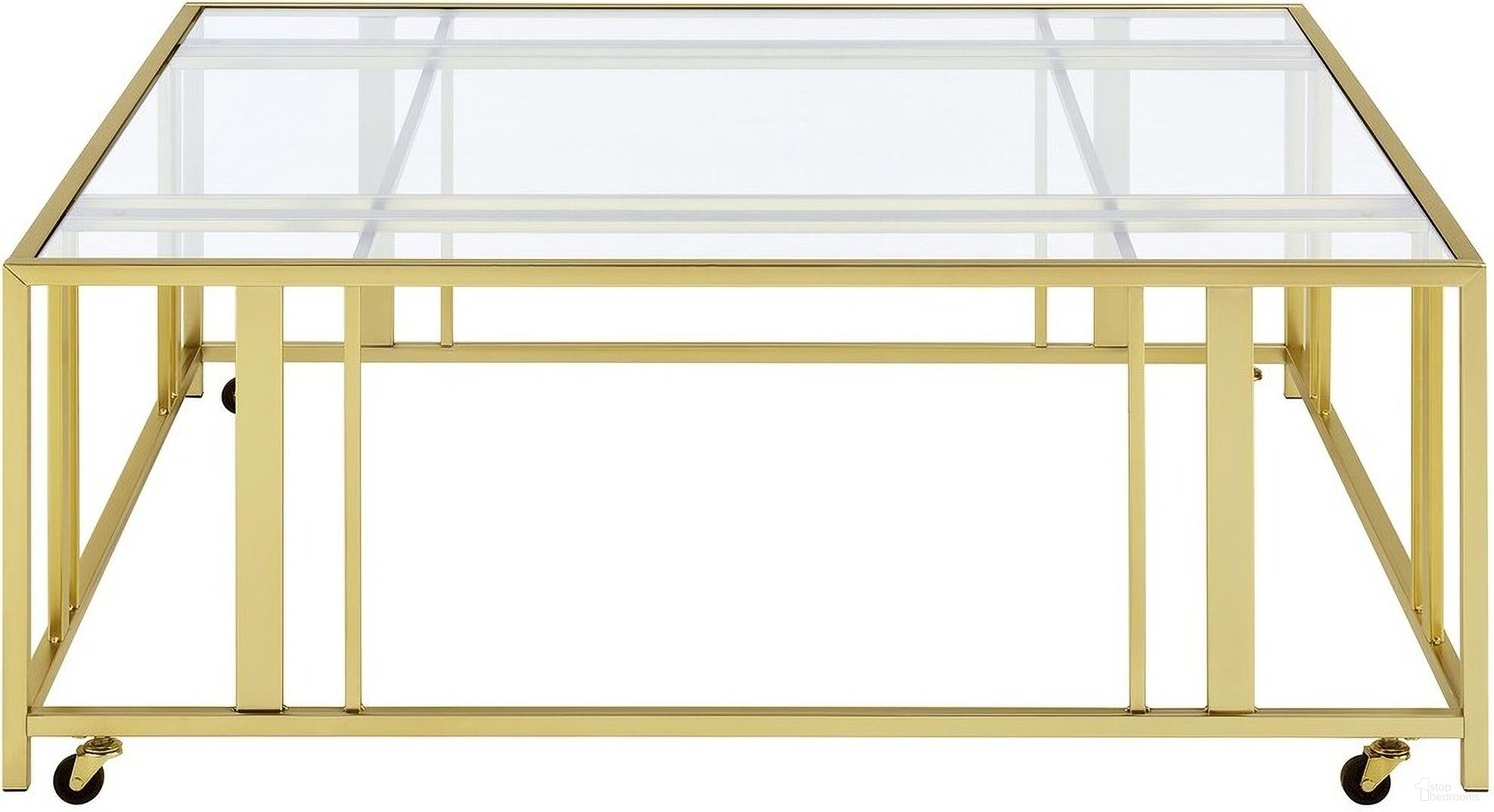 The appearance of Adri Square Glass Top Coffee Table with Casters In Matte Brass designed by Coaster in the modern / contemporary interior design. This matte brass piece of furniture  was selected by 1StopBedrooms from Adri Collection to add a touch of cosiness and style into your home. Sku: 710188B1;710188B2. Material: Glass.